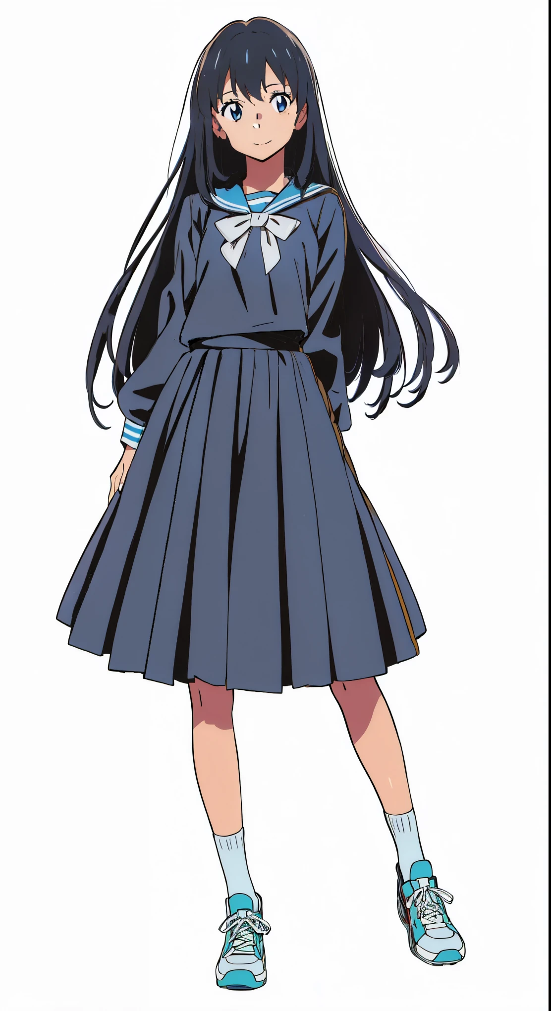 (cheerful:1.5), (light smile:1.5), (white background:1.0), (best quality:1.0), (masterpiece:1.0), (super fine illustration:1.0), (beautiful artwork:1.0), (anime screencap:1.0), (official art:1.0), (solo:1.0), (JHSGA:1.0), (a cute girl:1.0), (long skirt:1.0), (dark blue skirt:1.0), (pleated skirt:1.0), (dark blue sailor uniform:1.0), (long sleeve sailor uniform:1.0), (sneakers:1.0), (white socks:1.0), (ideal ratio body proportions:1.0), (lanky:1.0), (tall:1.0), (slender:1.0), (small breasts:1.0), (smaller face:1.0), (tareme:1.0), (detailed beautiful eyes:1.0), (detailed beautiful face:1.0), (glowing black eyes:1.0), (medium hair:1.0), (black hair:1.0)