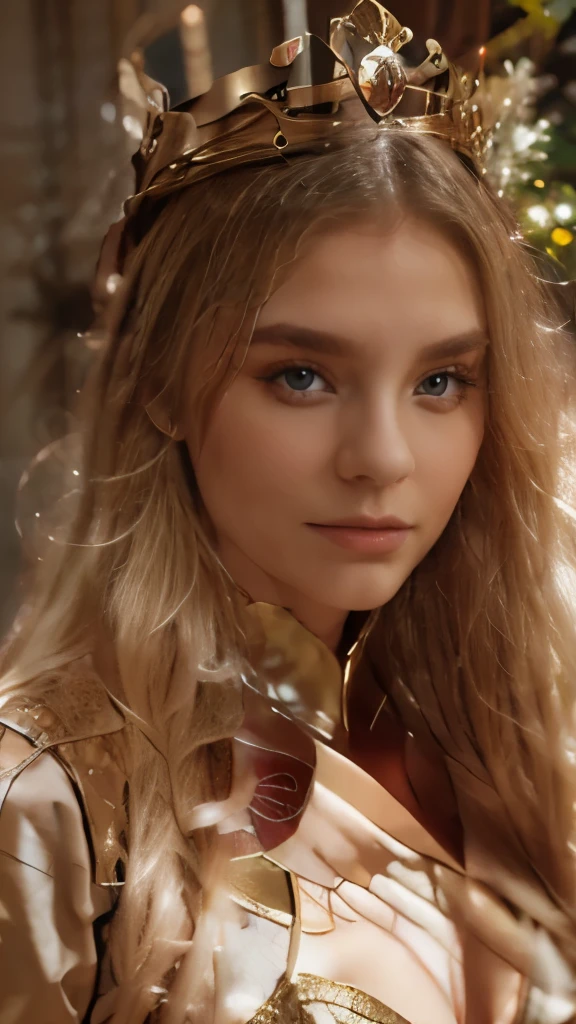 blonde with long hair with a crown on her head in full length