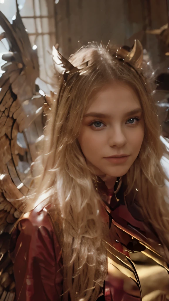 blonde with long hair in a demon costume with wings