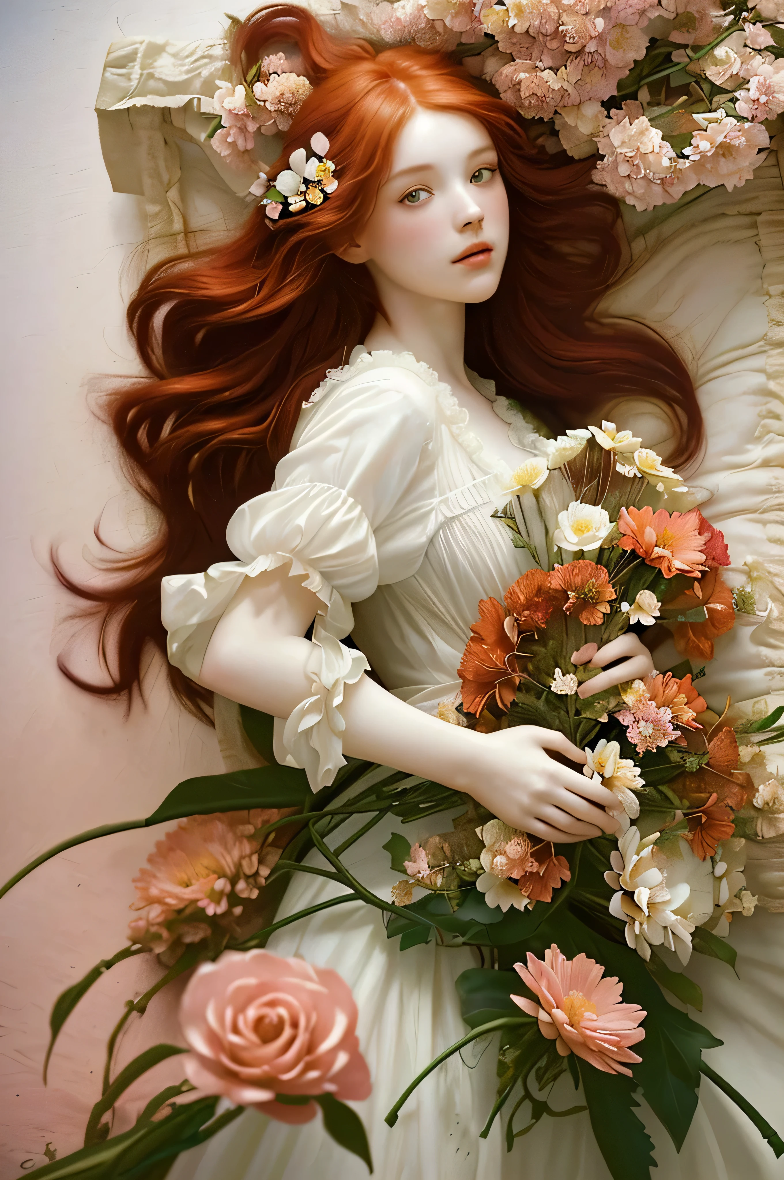 there is a woman with red hair and a white shirt surrounded by flowers, girl in flowers, flower storm portrait, woman in flowers, girl in a bed of flowers, female portrait with flowers, inspired by Pierre Auguste Cot, in the art style of bowater, with flowers, renaissance digital painting, inspired by Gerald van Honthorst, beautiful digital painting