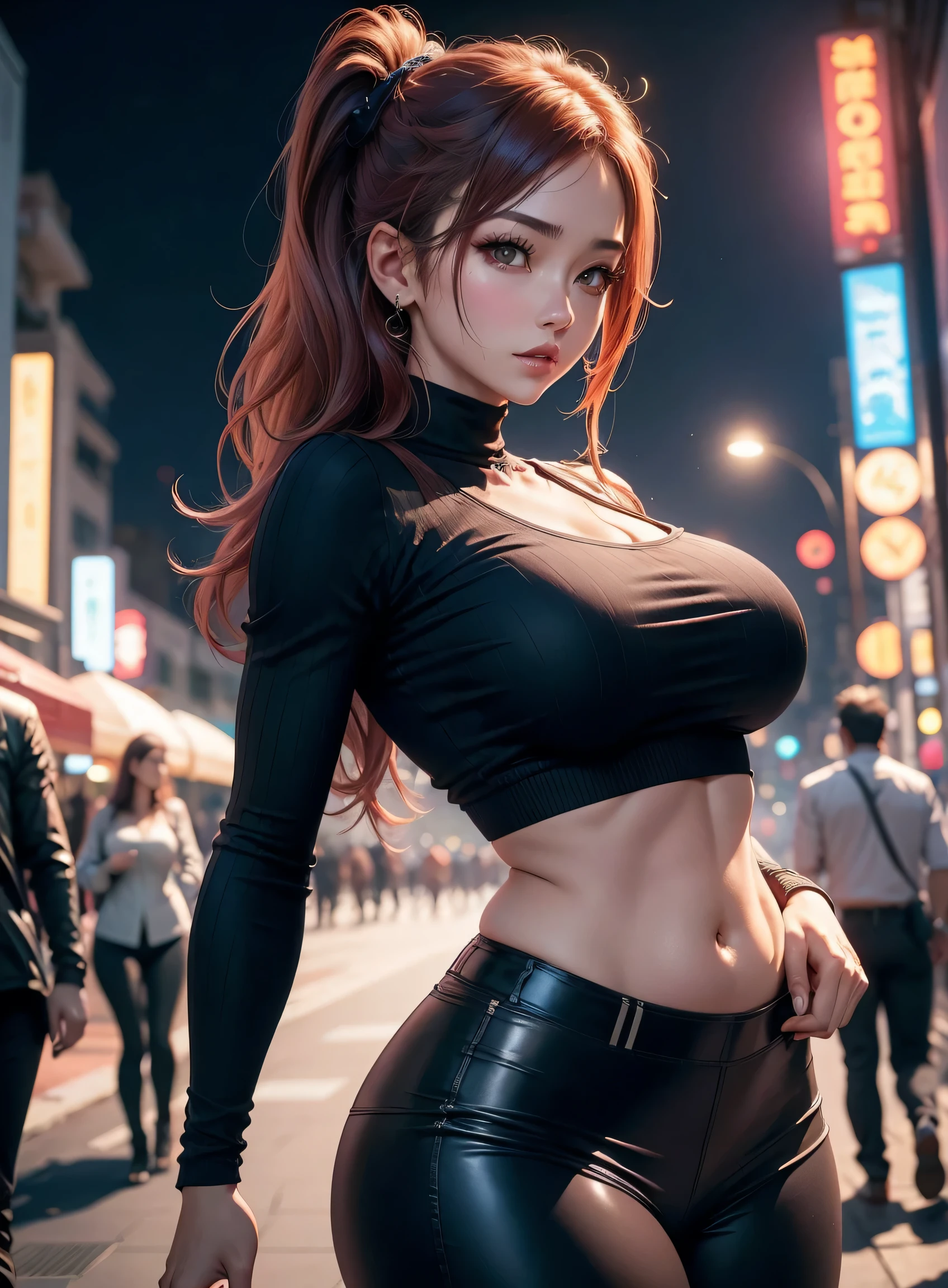 sfw, corpo bonito, rosto bonito, 3 garotas juntas, garota mais velha, cabelo VERMELHO claro, olhos, Neck strap, ombros, MOLETOM, legging pants, peito grande, barriga, cintura fina, pernas grossas, coxa grossas, random background scenario, olhando para telespectador, city background, wearing bra,((skinny waist)), young asian girl, ((big breasted)),