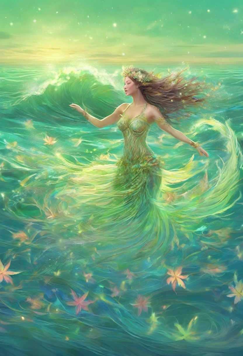 Dance of the Ocean, Goddess of Water(individual) elegant long hair(Basket light green gradient) Dancing in the sea breeze and rolling waves、Splashing waves undulating ocean dance surrealism,The dance of the ocean in a dreamlike night with twinkling stars、Moonlight reflected on the sea. Bright ocean light show. Beautiful artistic illustration. Beautiful and soothing feeling.,Highly detailed fantasy magic concept art that allows people to feel the magic and power of nature in dance, dramatic lighting, Highly detailed HD cinematic close-up of water magic fantasy gorgeous digital art