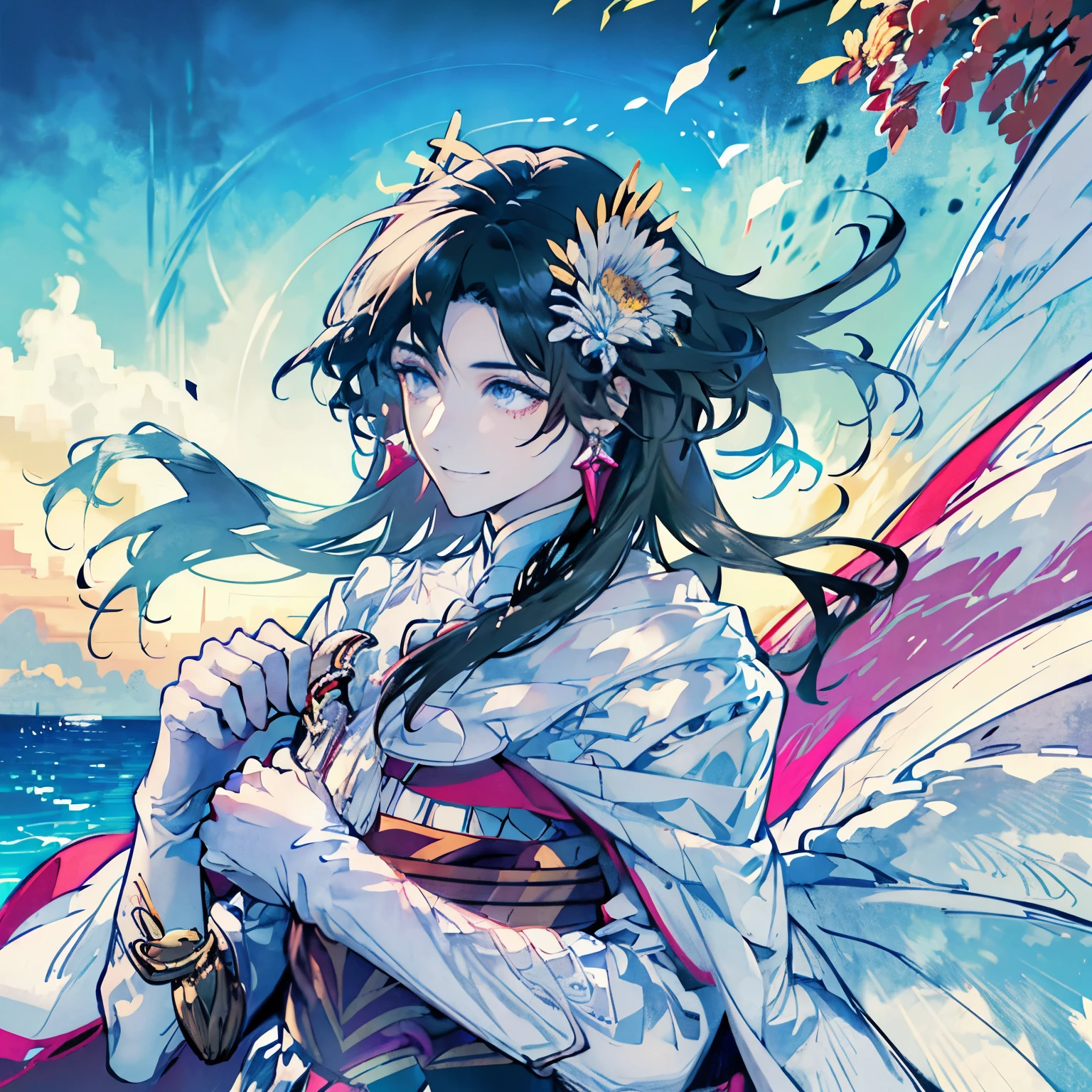 woman in her 30s、modest chest、A cup breasts、hair flowing in the wind、soft smile、happy smile、Against the background of blooming flowers and flower fieldagic effect、Warm sunshine、white flower on head、sunny、spring season、petals dancing in the wind、Angel's white wings from behind、