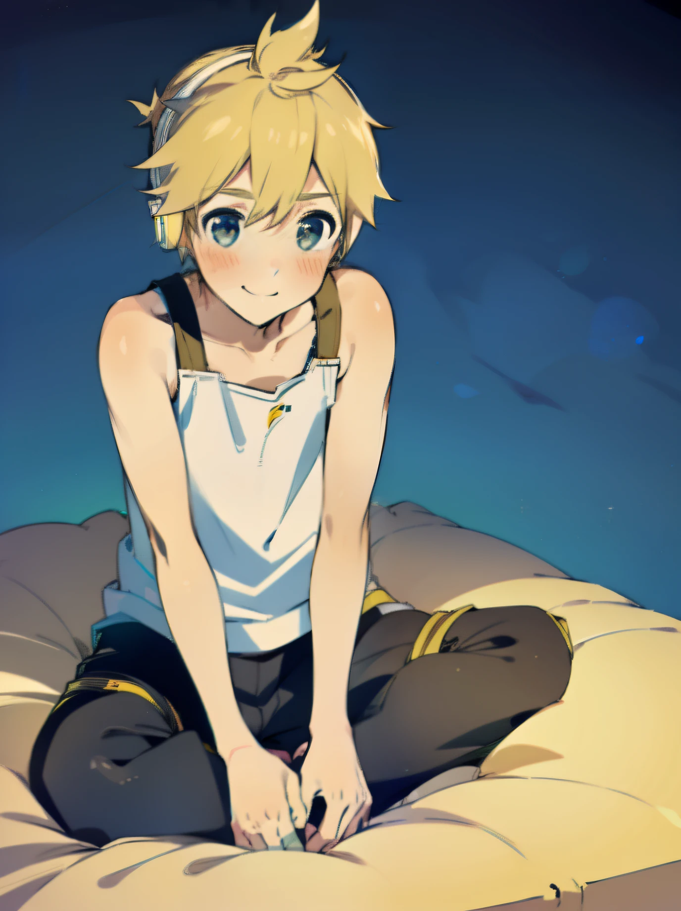 best quality, ultra precision, (one boy), (Len_Kagamine), blonde hair, cowlick, bedroom, character focus, black short pants, Tank top, innocent, slender, blush, cute, cool, smile a little, happy, Headphones, handsome, he loves you, ager, high school student, male model, attractive boy, (sit in a crawling position), on bed, (put hands between crotch)