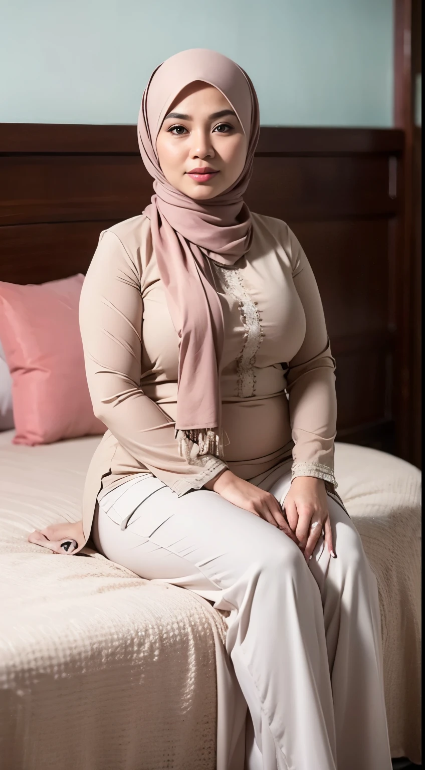 1 indonesia woman , modern plain hijab,  plump, medium portrait shot , watery  eyes ,droopy eyes, watery, lip glossy, sad face, , wear java wedding woman in kebaya , sit on bed on white modern hotel bedroom background, proportional body,Indonesia mature woman, 