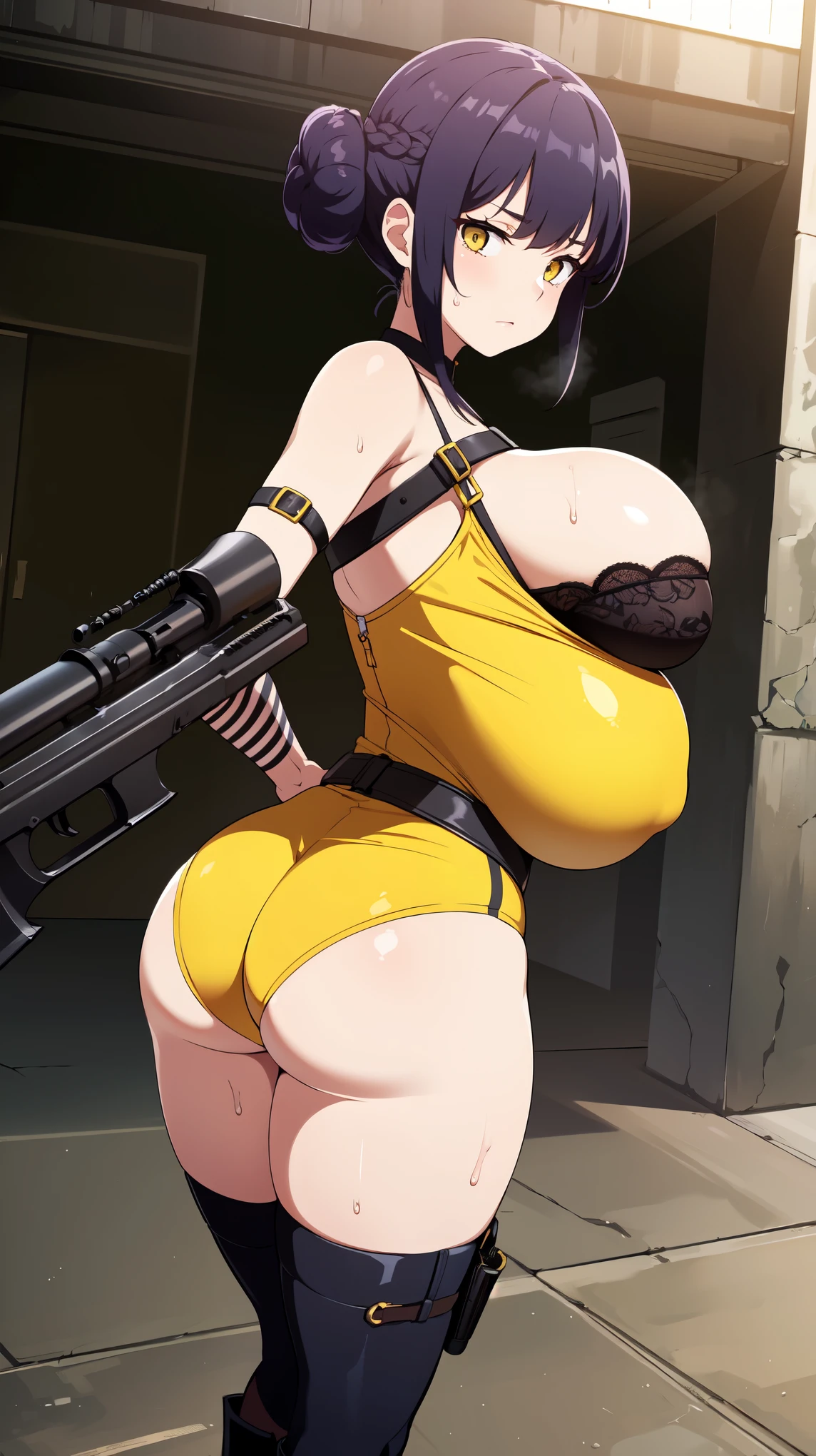 Slime girl, (slime), Slime hair Double buns hair style, Pumpkin Orange, weapon belt, Masterpiece, Best Quality, gigantic breasts, slime girl, slime girl, purple hair, lavender hair, yellow clothes, weapon belt around waistline, rifle, long rifle, AR-15 Rifle, assault rifle, exposed yellow bra, yellow clothing, wearing yellow clothing, fully body view, tight yellow dress, Rifle in hand, mature woman, gorgeous, perverted, sexy, yellow dress, exposed chest, exposed bra, exposed breast, black boots/heels, gold bracelets around wrist, holding rifle, aiming with rifle, tactical stance, tactical gear, sweaty body, long legs, tall woman, lustful yellow eyes, yellow lingerie , Slime girl, (slime), Slime hair Double buns hair style, Pumpkin Orange, weapon belt, Masterpiece, Best Quality, gigantic breasts, slime girl, slime girl, purple hair, lavender hair, yellow clothes, weapon belt around waistline, rifle, long rifle, AR-15 Rifle, assault rifle, exposed yellow bra, yellow clothing, wearing yellow clothing, fully body view, tight yellow dress, Rifle in hand, mature woman, gorgeous, perverted, sexy, yellow dress, exposed chest, exposed bra, exposed breast, black boots/heels, gold bracelets around wrist, holding rifle, aiming with rifle, tactical stance, tactical gear, sweaty body, long legs, tall woman, lustful yellow eyes, yellow lingerie, mature body, mature face, dark purple hair color, purple hair, big butt
