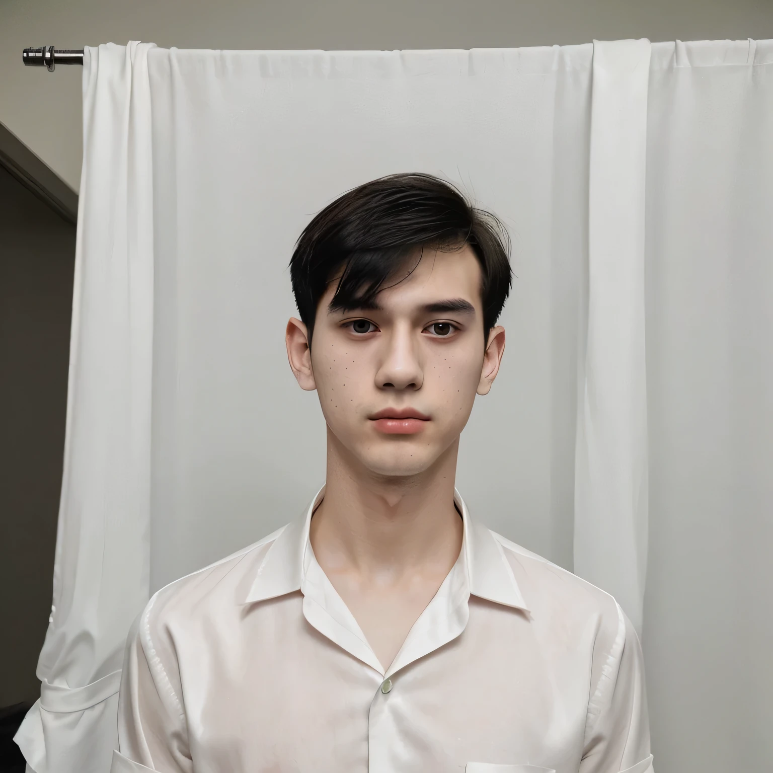A young man 20 years, pas foto, mens formal shirts, white shirts, black hair, curtainhaircut, thin neck, thin face, thin body, small neck, thin body, thin cheeks