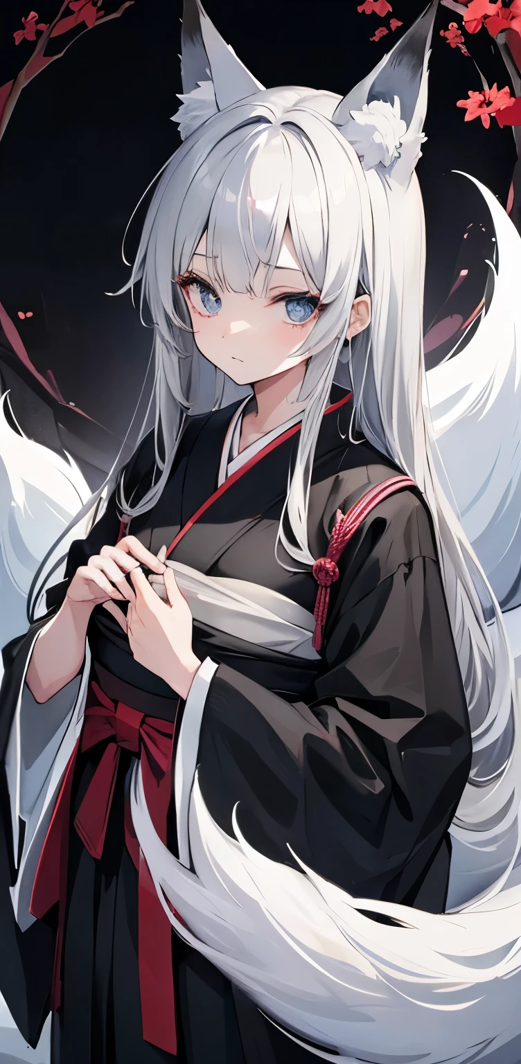gray hair、odd eye、black hakama、fox ears、fox tail、Japan、scared、girl