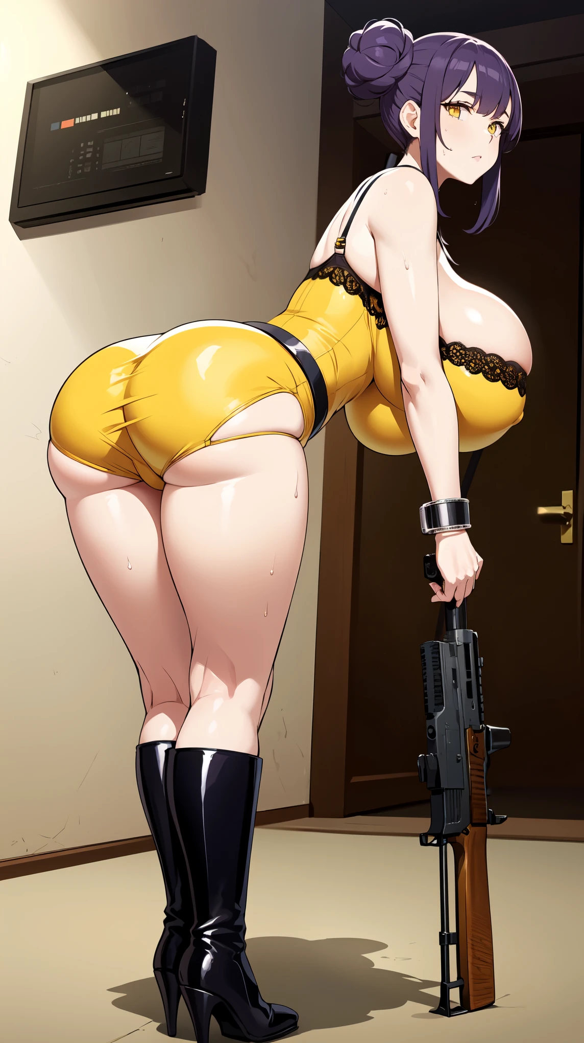 Slime girl, (slime), Slime hair Double buns hair style, Pumpkin Orange, weapon belt, Masterpiece, Best Quality, gigantic breasts, slime girl, slime girl, purple hair, lavender hair, yellow clothes, weapon belt around waistline, rifle, long rifle, AR-15 Rifle, assault rifle, exposed yellow bra, yellow clothing, wearing yellow clothing, fully body view, tight yellow dress, Rifle in hand, mature woman, gorgeous, perverted, sexy, yellow dress, exposed chest, exposed bra, exposed breast, black boots/heels, gold bracelets around wrist, holding rifle, aiming with rifle, tactical stance, tactical gear, sweaty body, long legs, tall woman, lustful yellow eyes, yellow lingerie , Slime girl, (slime), Slime hair Double buns hair style, Pumpkin Orange, weapon belt, Masterpiece, Best Quality, gigantic breasts, slime girl, slime girl, purple hair, lavender hair, yellow clothes, weapon belt around waistline, rifle, long rifle, AR-15 Rifle, assault rifle, exposed yellow bra, yellow clothing, wearing yellow clothing, fully body view, tight yellow dress, Rifle in hand, mature woman, gorgeous, perverted, sexy, yellow dress, exposed chest, exposed bra, exposed breast, black boots/heels, gold bracelets around wrist, holding rifle, aiming with rifle, tactical stance, tactical gear, sweaty body, long legs, tall woman, lustful yellow eyes, yellow lingerie, mature body, mature face, dark purple hair color, purple hair, bending down, bent over, crouching 