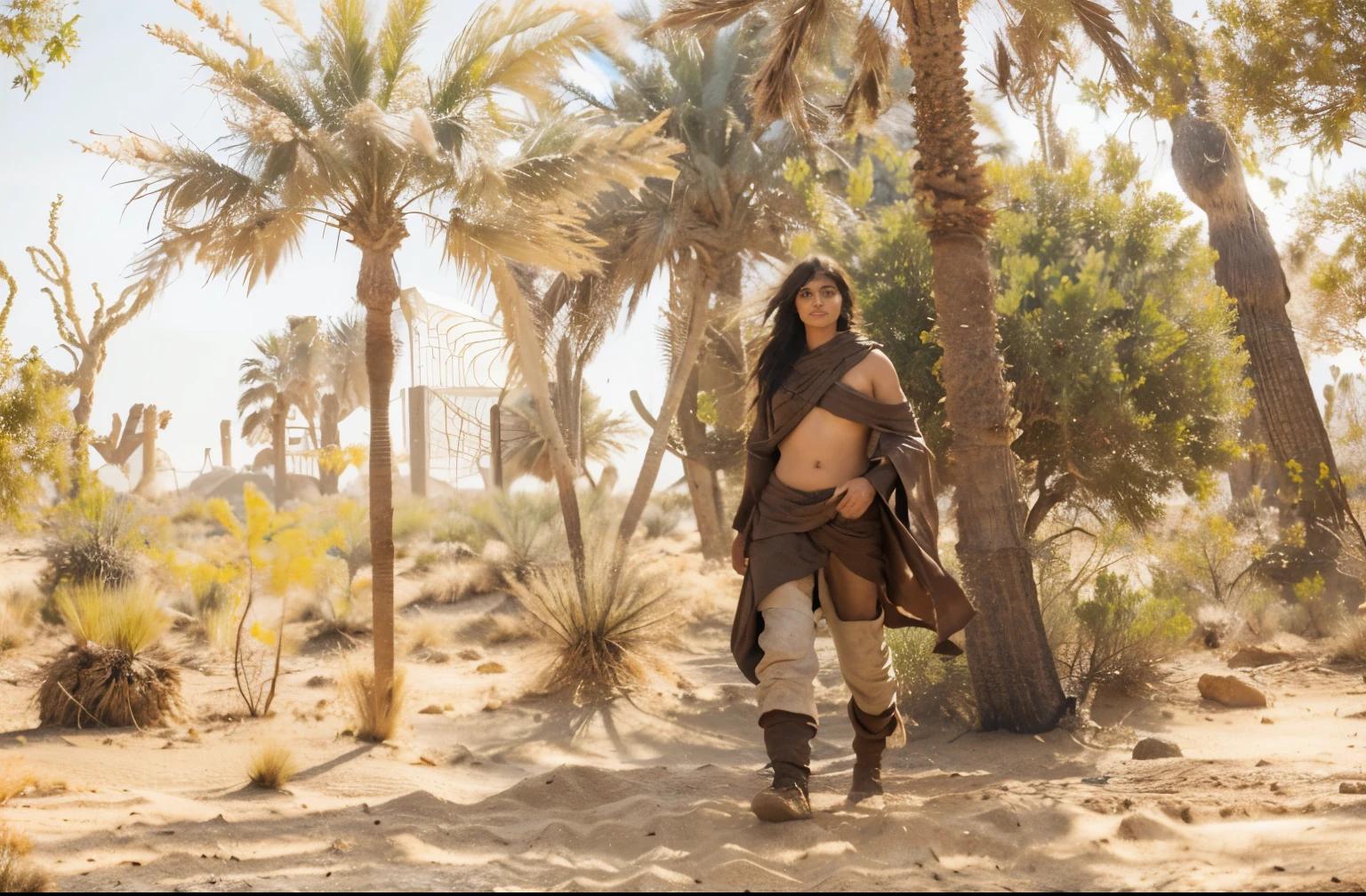 (Best quality, 8k, 32k, Masterpiece, UHD:1.2) , "Transform the image into a mesmerizing desert landscape reminiscent of the mystical realm of Sumeru from Genshin Impact.
Begin by depicting vast expanses of golden sands stretching as far as the eye can see, with towering sand dunes rising and falling like waves in an ocean. Render the dunes with intricate detail, capturing the rippling textures and shifting patterns created by the wind.
Incorporate elements of ancient ruins scattered throughout the desert, with weathered stone structures partially buried beneath the sands. Show crumbling pillars, broken archways, and eroded statues rising from the desert floor, hinting at the passage of time and the mysteries of the past.
Use dynamic lighting to evoke the harsh glare of the desert sun, casting long shadows across the landscape and illuminating the ruins with warm, golden hues. Show sunlight reflecting off the sands, creating a shimmering mirage effect in the distance.
Include subtle touches of vegetation such as hardy desert plants and scattered patches of scrub brush, adding contrast to the barren landscape and hinting at signs of life amidst the desolation.
Finally, imbue the scene with an air of ancient mysticism and intrigue, inviting viewers to explore the secrets hidden within the shifting sands of Sumeru."
