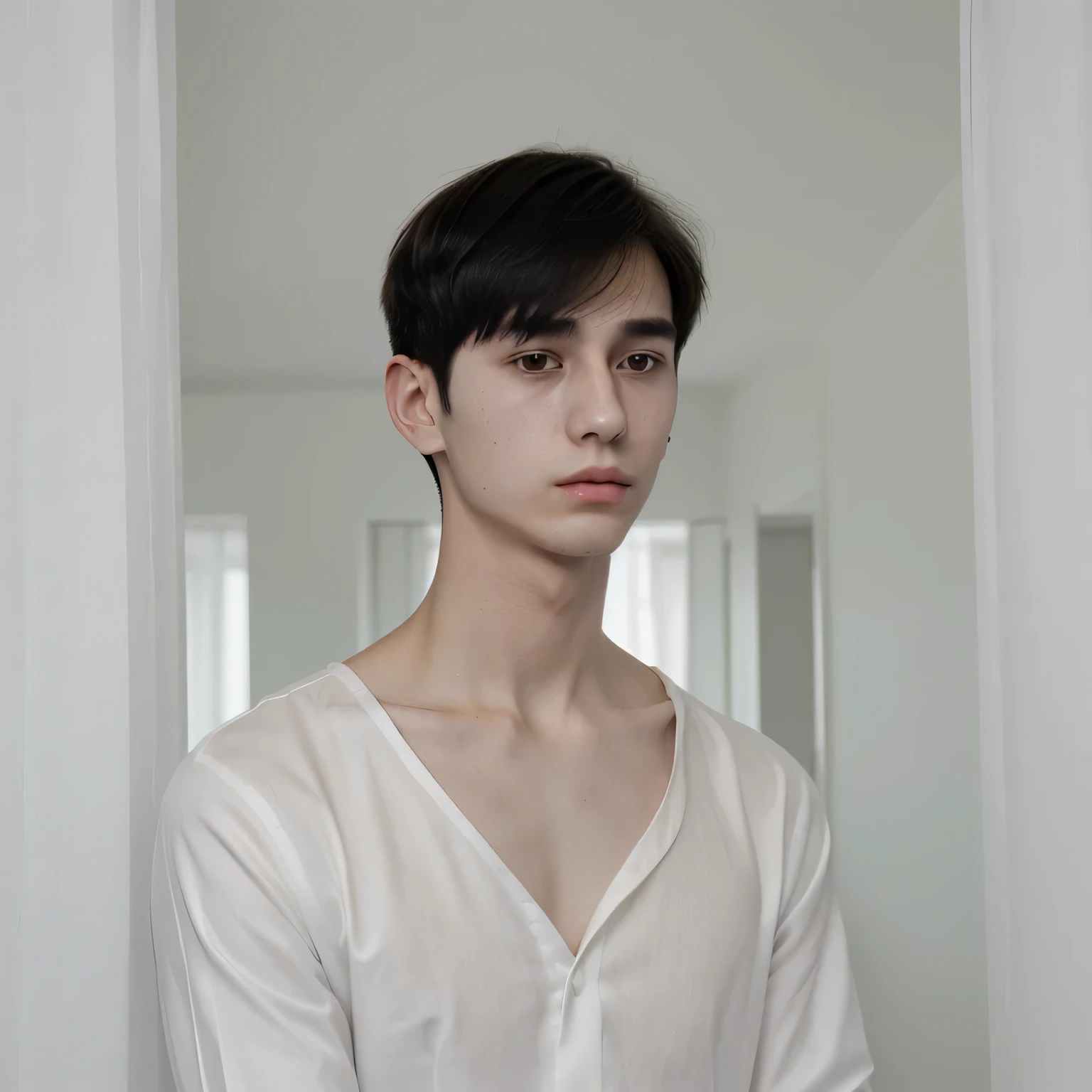 A young man 20 years, pas foto, mens formal white shirts, black hair, curtainhaircut, thin neck, thin face, thin body, small neck, short neck, thin body, thin cheeks