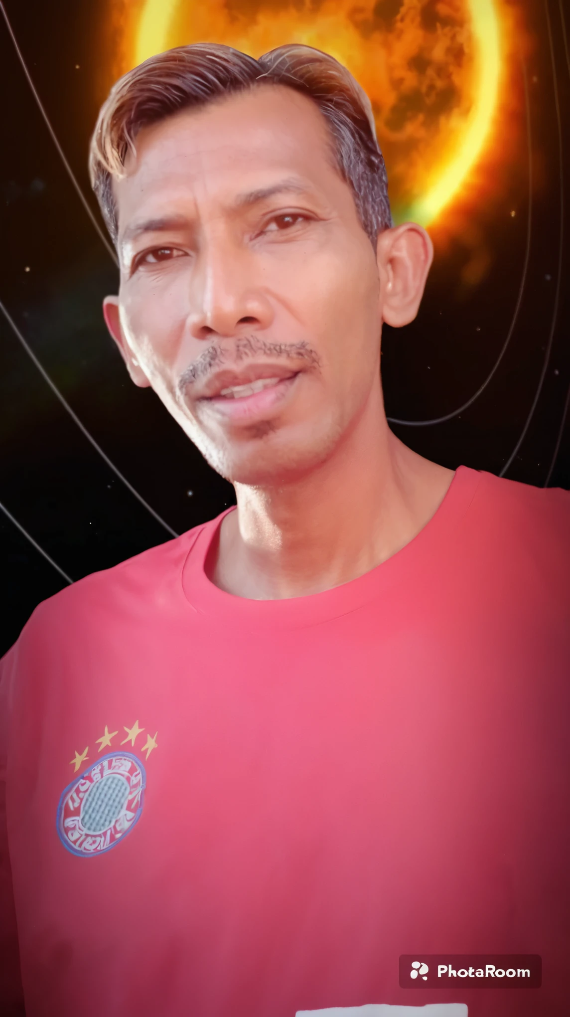 arafed man in a pink shirt with a sun in the background, by Abidin Dino, mohamed chahin, real ungine, inspired by Oton Gliha, mohamed chahin style, ismail, 4 0 years old man, potrait, andy worhol, inspired by Bohumil Kubista, inspired by Cafer Bater