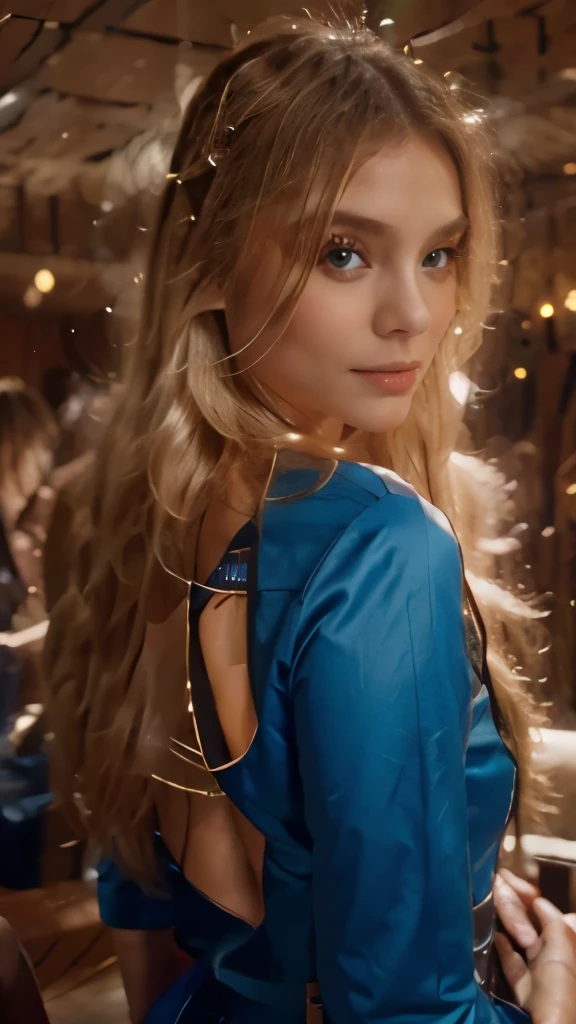 blonde with long hair in a blue dress in a club