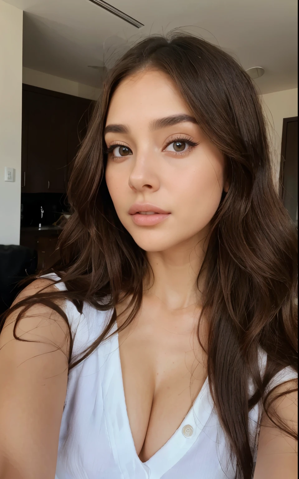 arafed woman with long brown hair and a white shirt, portrait sophie mudd, violet myers, flawless olive skin, gorgeous latina face, brown hair and large eyes, selfie of a young woman, beautiful face and flawless skin, gorgeous attractive face, olivia culpo, sexy face, madison beer, madison beer girl portrait, subtle makeup sun glasses