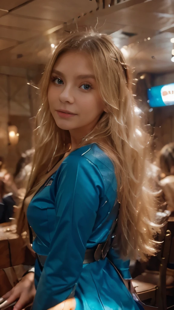 blonde with long hair in a blue dress in a club