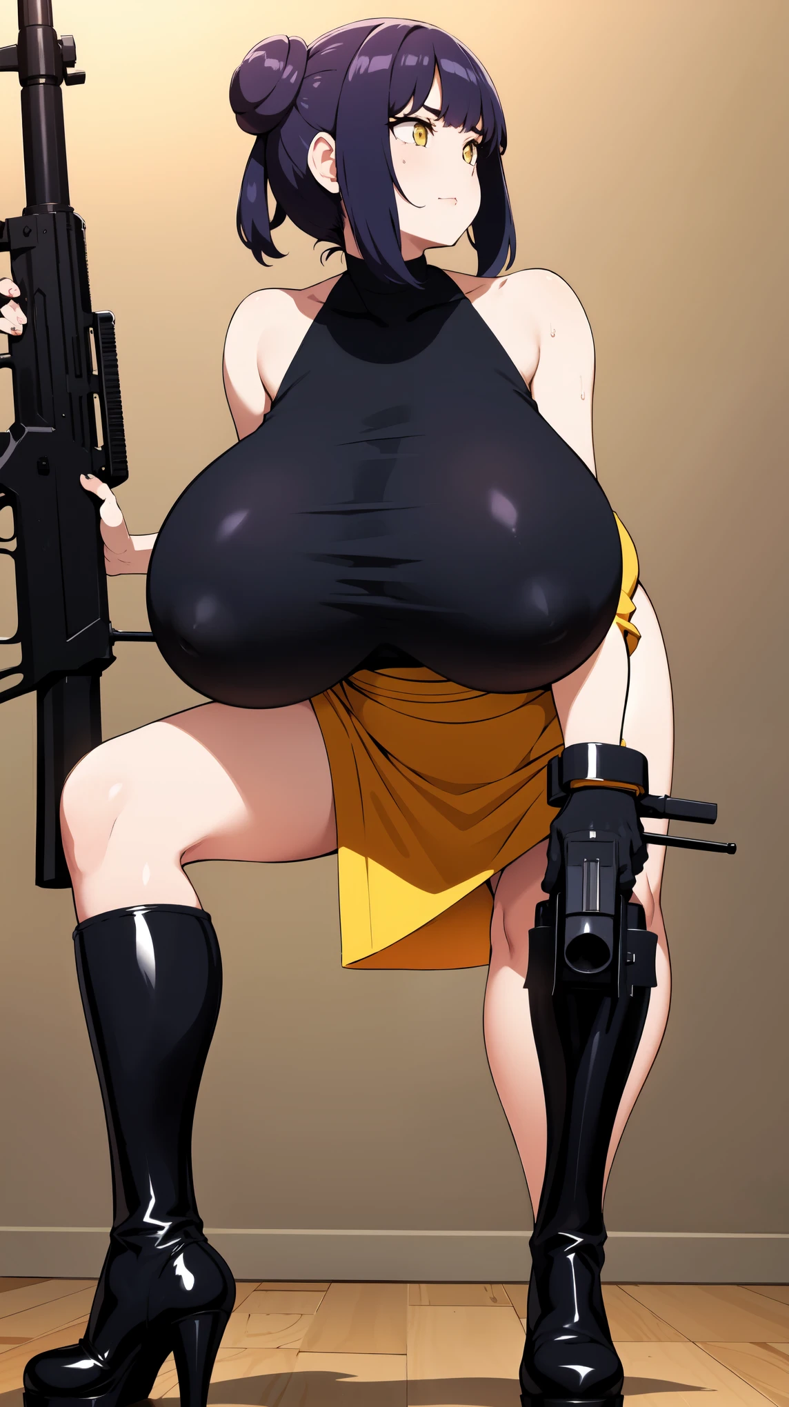 Slime girl, (slime), Slime hair Double buns hair style, Pumpkin Orange, weapon belt, Masterpiece, Best Quality, gigantic breasts, slime girl, slime girl, purple hair, lavender hair, yellow clothes, weapon belt around waistline, rifle, long rifle, AR-15 Rifle, assault rifle, exposed yellow bra, yellow clothing, wearing yellow clothing, fully body view, tight yellow dress, Rifle in hand, mature woman, gorgeous, perverted, sexy, yellow dress, exposed chest, exposed bra, exposed breast, black boots/heels, gold bracelets around wrist, holding rifle, aiming with rifle, tactical stance, tactical gear, sweaty body, long legs, tall woman, lustful yellow eyes, yellow lingerie , Slime girl, (slime), Slime hair Double buns hair style, Pumpkin Orange, weapon belt, Masterpiece, Best Quality, gigantic breasts, slime girl, slime girl, purple hair, lavender hair, yellow clothes, weapon belt around waistline, rifle, long rifle, AR-15 Rifle, assault rifle, exposed yellow bra, yellow clothing, wearing yellow clothing, fully body view, tight yellow dress, Rifle in hand, mature woman, gorgeous, perverted, sexy, yellow dress, exposed chest, exposed bra, exposed breast, black boots/heels, gold bracelets around wrist, holding rifle, aiming with rifle, tactical stance, tactical gear, sweaty body, long legs, tall woman, lustful yellow eyes, yellow lingerie, mature body, mature face, dark purple hair color, purple hair, bending down, bent over, crouching 