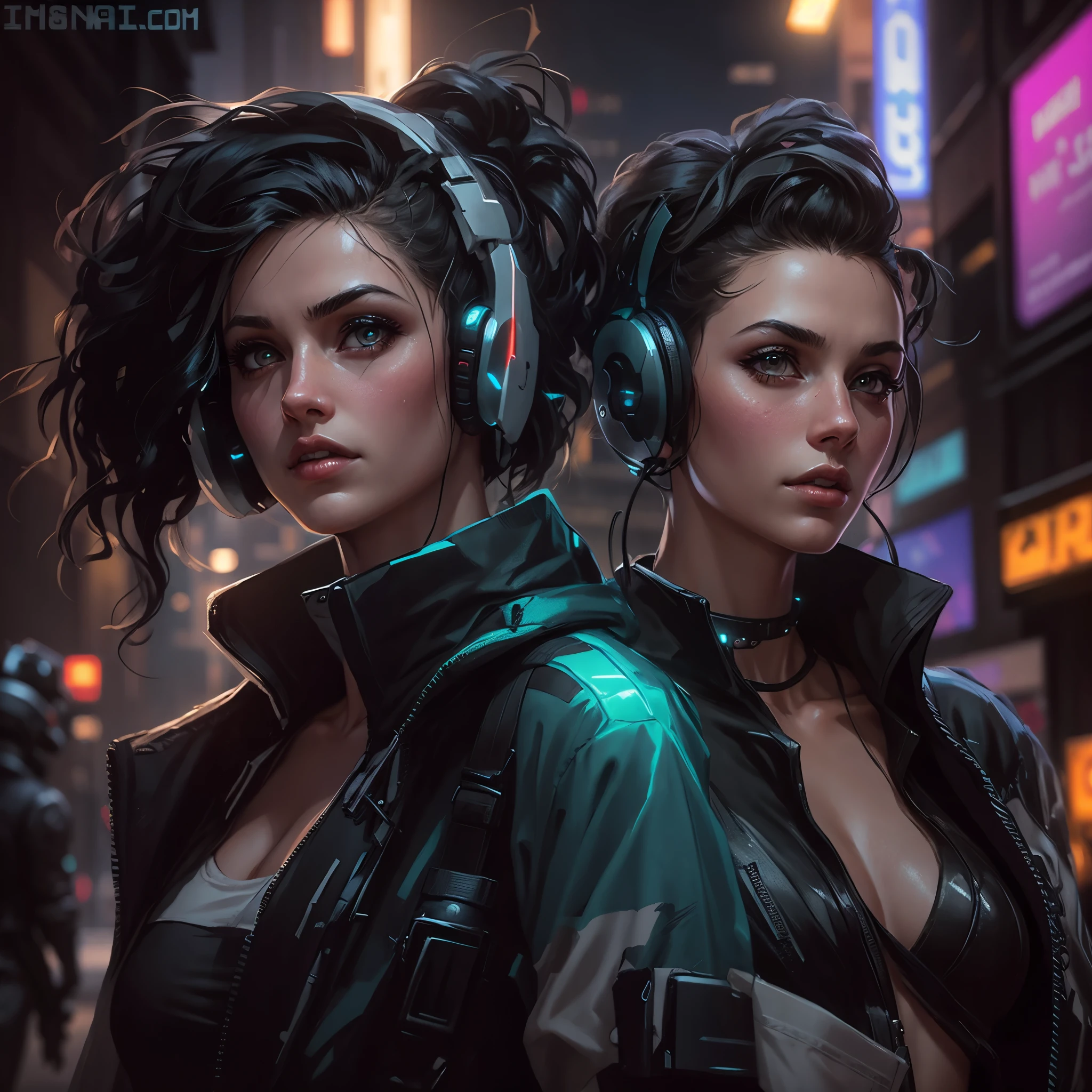 hiperrealistic art style 2 cyberpunk women looking toward camera in a dystopian dark backalley with some néon lights in the background