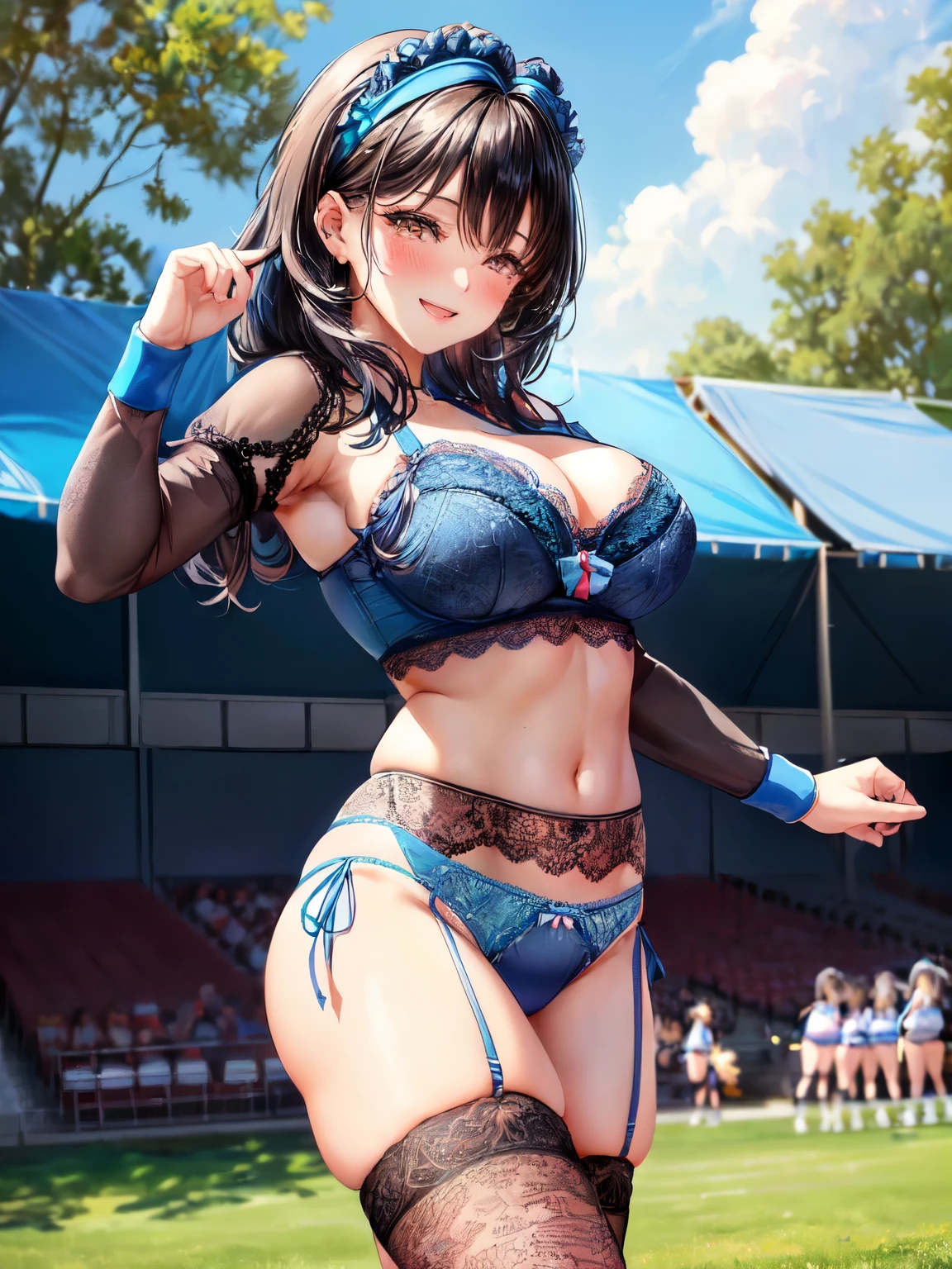 Limited to 1 female, (dynamic posing), Cheerleader (Stylish uniform-like clothing), mature woman, /(black hair/) bangs, blush and smile brightly, (Masterpiece of the highest quality:1.2) Delicate illustrations super detailed, big breasts(REAK with pom-poms /(court) Grass, outdoor, audience, (blue lace panties:1.3), show off panties