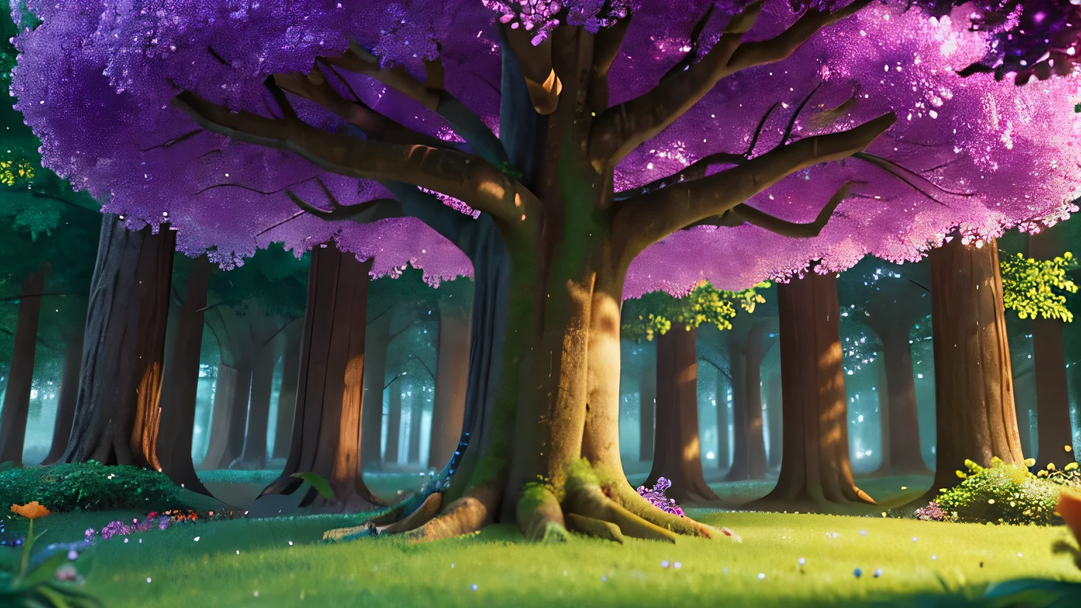 Describe an enchanted forest with sunbeams filtering through the trees. Destaque as cores vibrantes das folhas e flores, creating a magical and welcoming atmosphere. With a large central purple tree with sparkles, tronco largo, 8k, UHigh definition,High definition