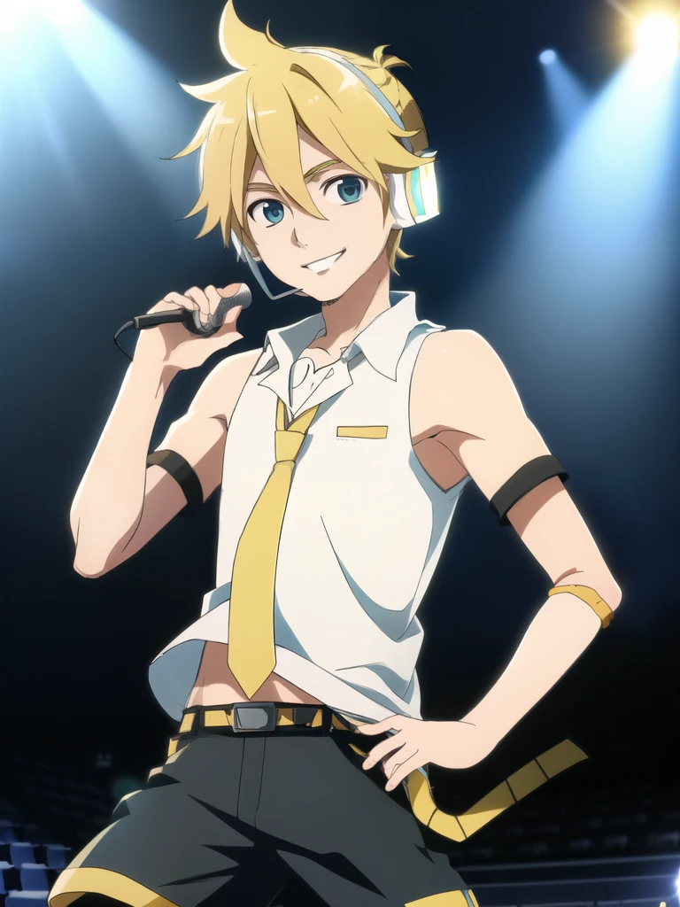 (masterpiece, best quality:1.2), cowboy shot, solo, male focus, 1boy, kagamine len, smile, looking at viewer, headphones, Tank top, necktie, short sleeves, shorts, concert, spotlight