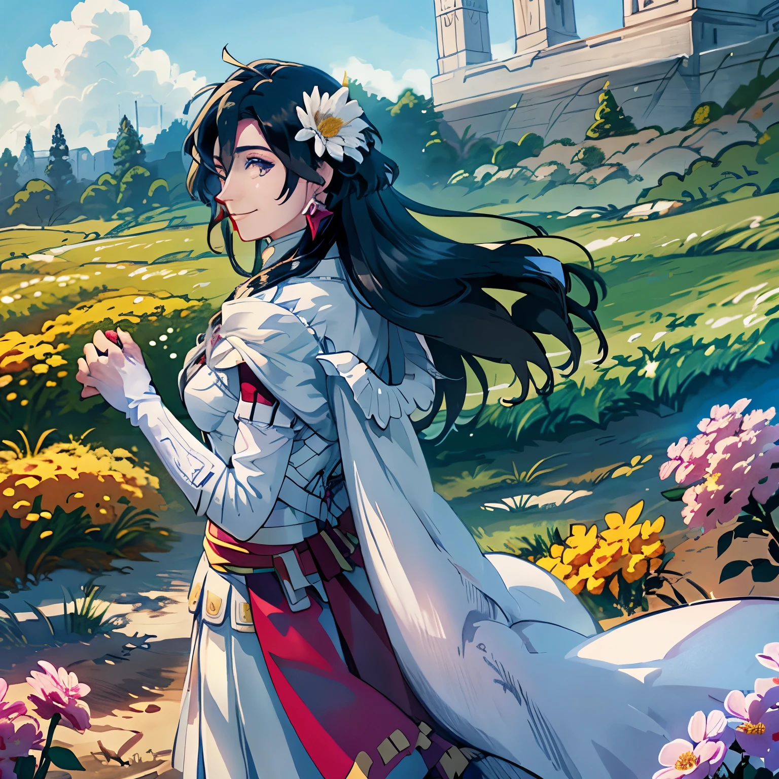 woman in her 30s、modest chest、hair flowing in the wind、soft smile、happy smile、Against the background of blooming flowers and flower fieldagic effect、Warm sunshine、white flower on head、sunny、spring season、petals dancing in the wind、Angel's white wings from behind、
