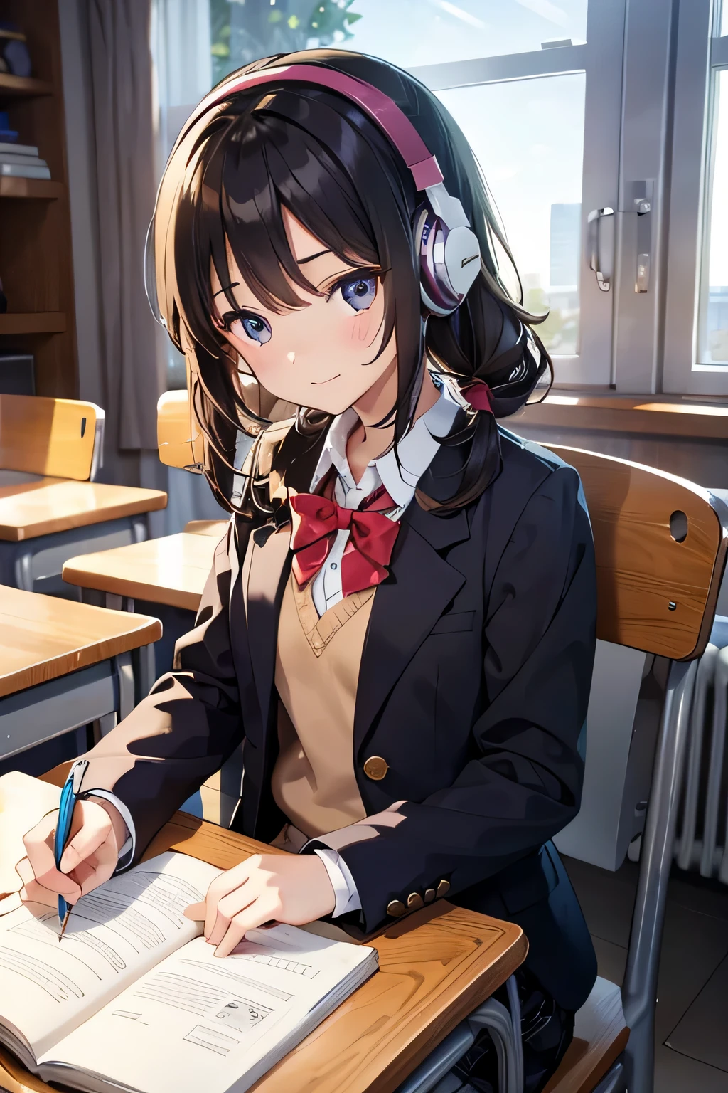 {{{highest quality}}}, {{very detailed}}, {figure}, {{very delicate and beautiful}}, classroom (school desk), on the desk (textbook, Note, mechanical pencil, Brush case) 1 girl (small physique, short limbs, 8 year old girl, in front of the desk), round face, blazer (cute), headphone), shoes (school shoes) (baby face: 1.2), girl at desk She is listening to music on headphones while doing her homework, she is in a good mood, Then my friend&#39;s girl put her hand on my shoulder from behind.