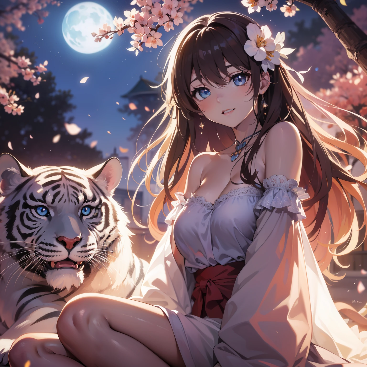 Blue eyed anime girl sitting next to white tiger, anime style 4 k, Beautiful anime catgirl, beautiful anime style, Beautiful anime, Anime Art Wallpaper 4k, anime art wallpaper 4k, Beautiful anime girl, 4K anime wallpaper, anime art wallpaper 8k, anime style. 8K, Beautiful anime art style, very Beautiful anime cat girl