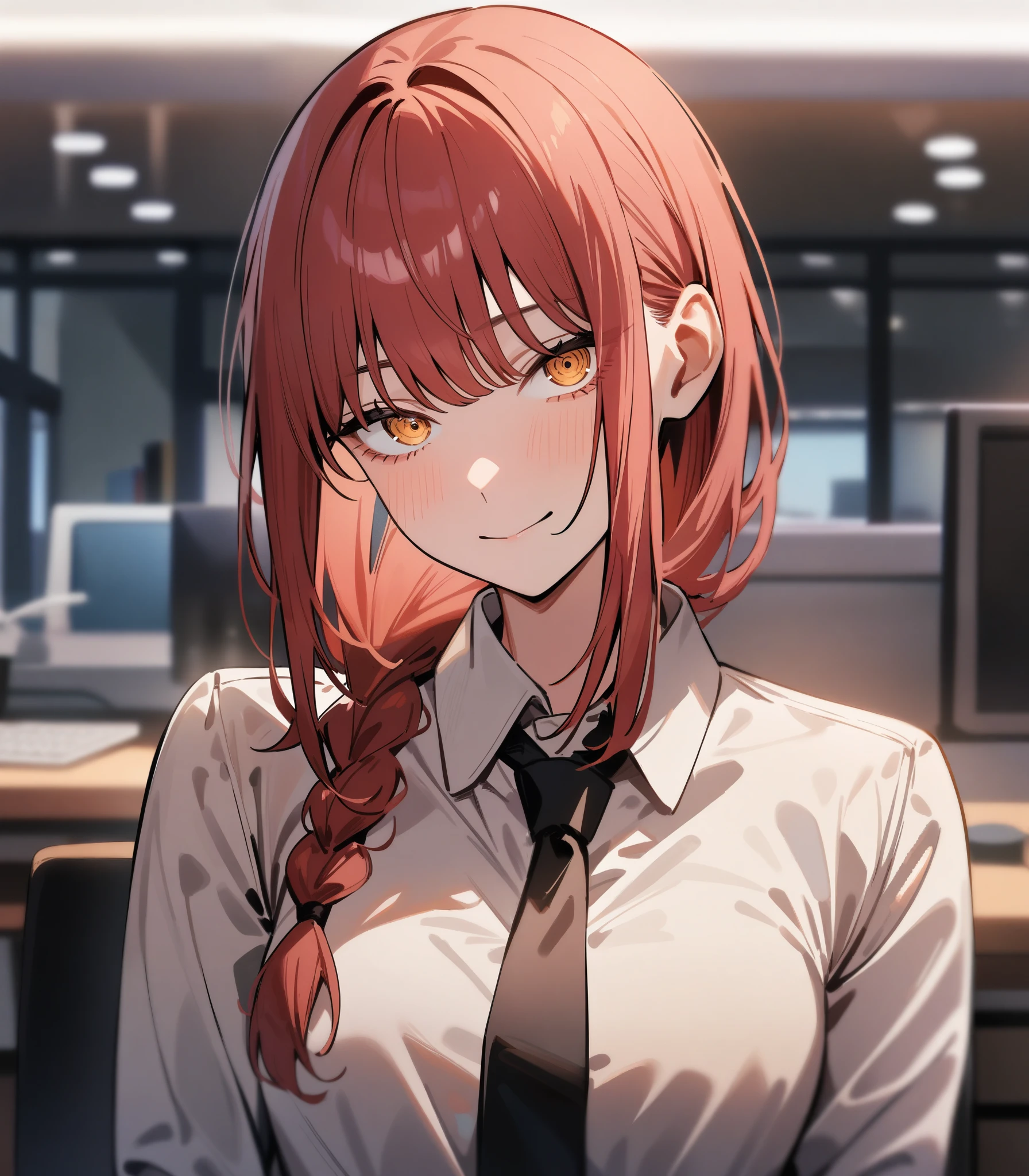 1girl, makima, chainsaw man, red hair, golden eyes, (smile:0.7), face close up, cowboy shot, front, centered, looking at viewer, office background, masterpiece, best quality, absurdres