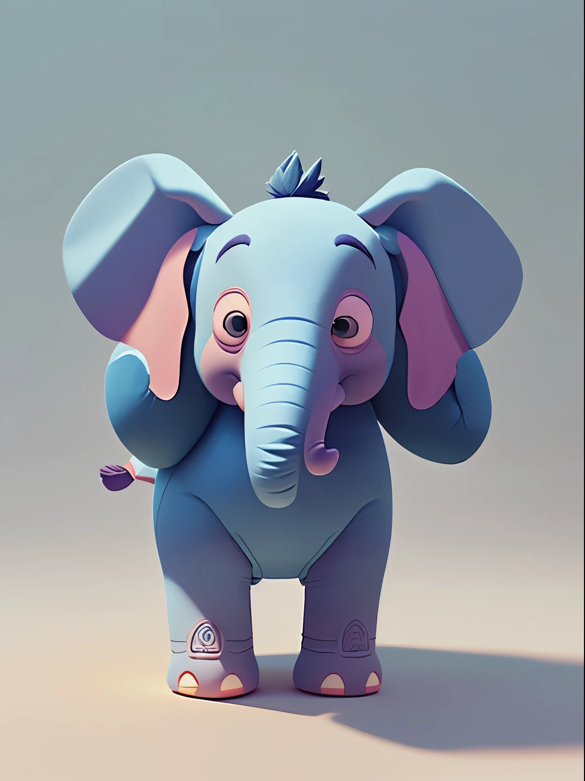 Create a 3D representation of a stuffed elephant inspired by the Pixar animation style, with attention to the details of the plush texture, sombras suaves e cores vibrantes