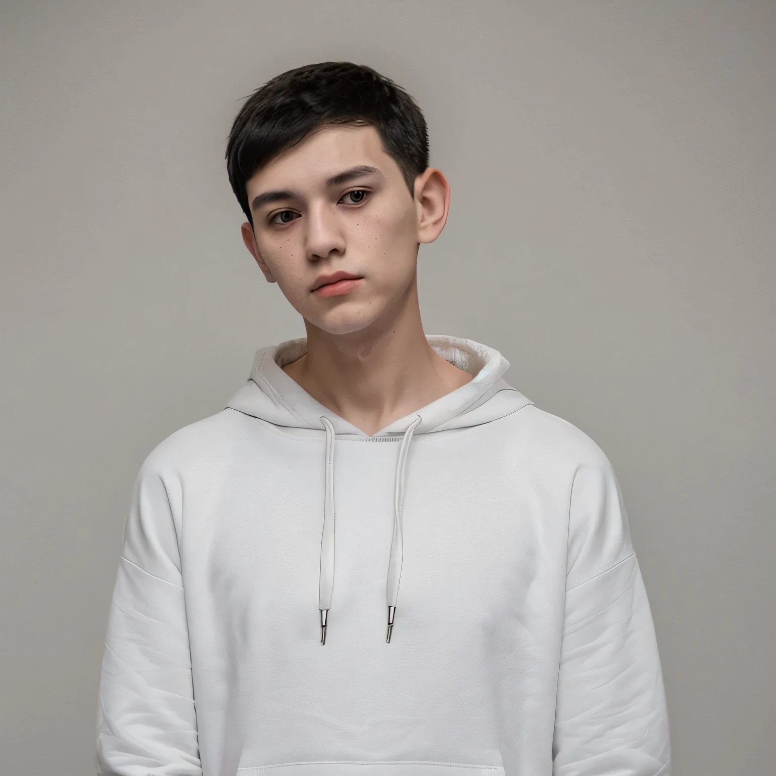 A young man 20 years, pas foto, white hoodie, black hair, curtainhaircut, thin neck, thin face, thin body, small neck, short neck, thin body, thin cheeks, view look camera