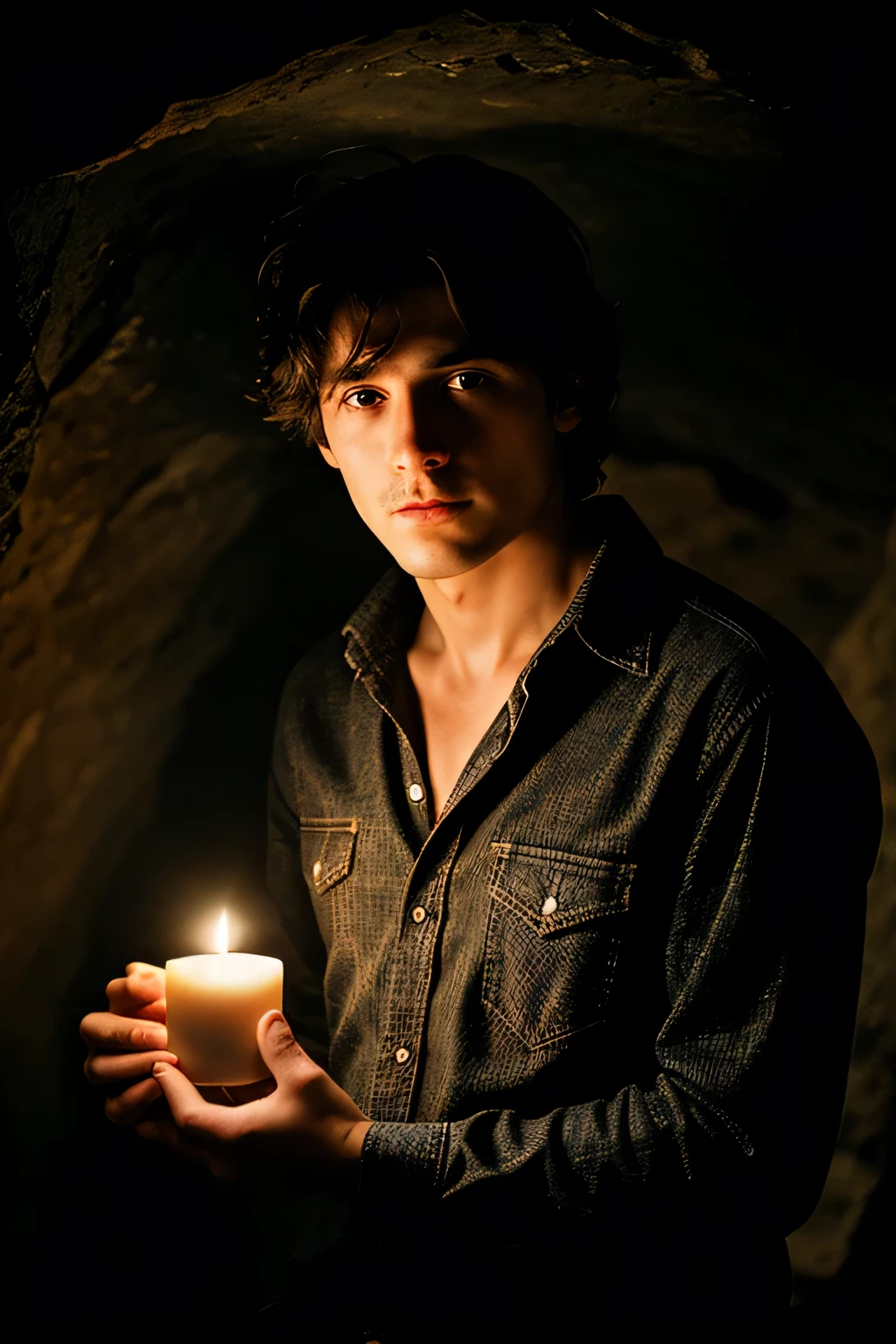 photograph of a man, (troubled facial expression), textured skin, goosebumps, black hair, plaid flannel shirt with distressed boyfriend jeans, cowboy shot, dark and mysterious cave with unique rock formations and hidden wonders, perfect eyes, (candlelight,chiaroscuro), Porta 160 color, shot on ARRI ALEXA 65, bokeh, sharp focus on subject, shot by Don McCullin