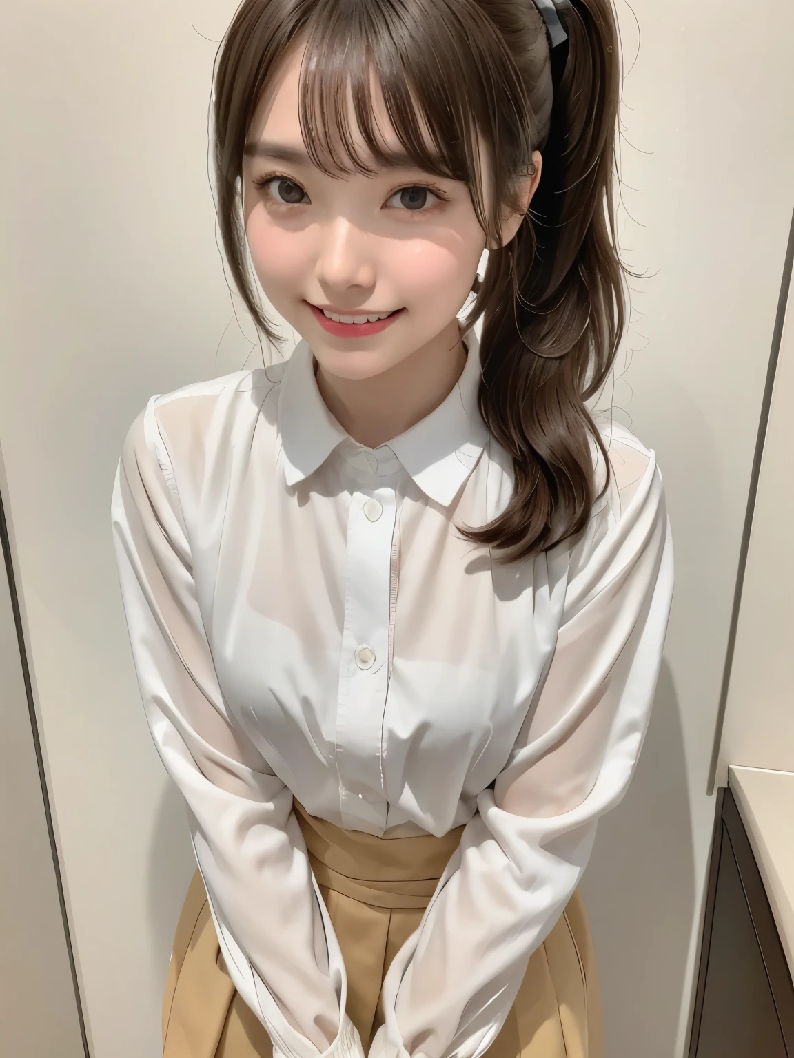 highest quality、8K、ultra high resolution、Super detailed face and eyes、Highly detailed face and skin texture、glowing skin、shiny skin、master piece:1.3、1 girl、super detail face、delicate eyes、double eyelid、whole body、full shot、short ponytail、20-year-old、brown hair、A sloppy smile、long sleeve、skirt、whole body姿