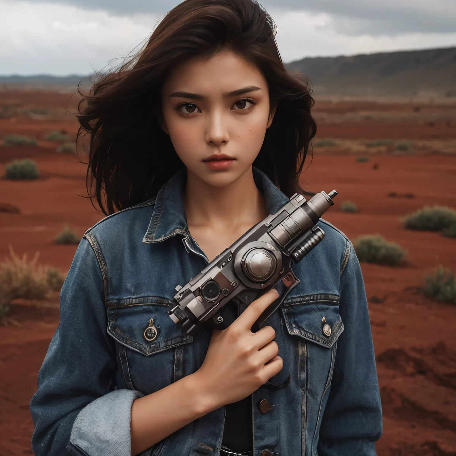 Beautiful woman. Dark brown hair. eighteen. She is looking at the camera with a serious expression. She holds a futuristic gun in one hand. She stands in a reddish-brown wasteland. modern clothing.