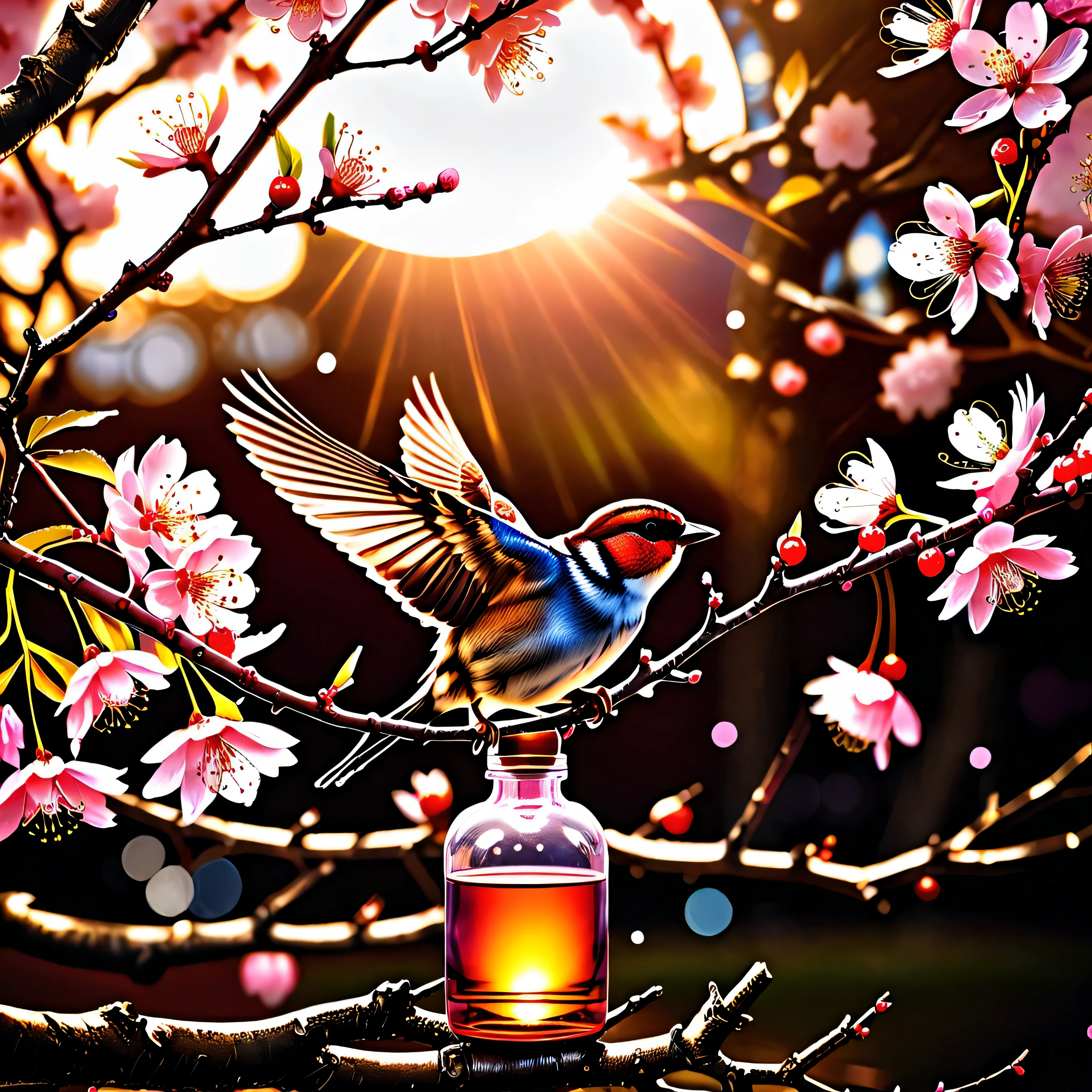 sunset "Sparrow bird with open wings spread upwards perched on a cherry blossom branch, top masterpiece of superior high-quality, officially beautiful art and aesthetics, realistic and detailed, yang08k." on sakura tree in a bottle, fluffy, atmospheric light refraction, by lee jeffries nikon d850 film stock photograph 4 kodak portra 400 camera f1.6 lens rich colors Ultra Professional Photo-Realistic epic lifelike texture dramatic lighting trending on cinestill 800, Style-Glass, ((UnrealEngine5 epic tmasterpiece, ultra best quality, detailed, ultra sharp, ultra high-resolution, ultra high-definition, UHD, HDR, vibrant DSLR vivid)), colorful lighting, reflection, varies multi etc. --v6 --s1000 --c20 --q5 --chaos100