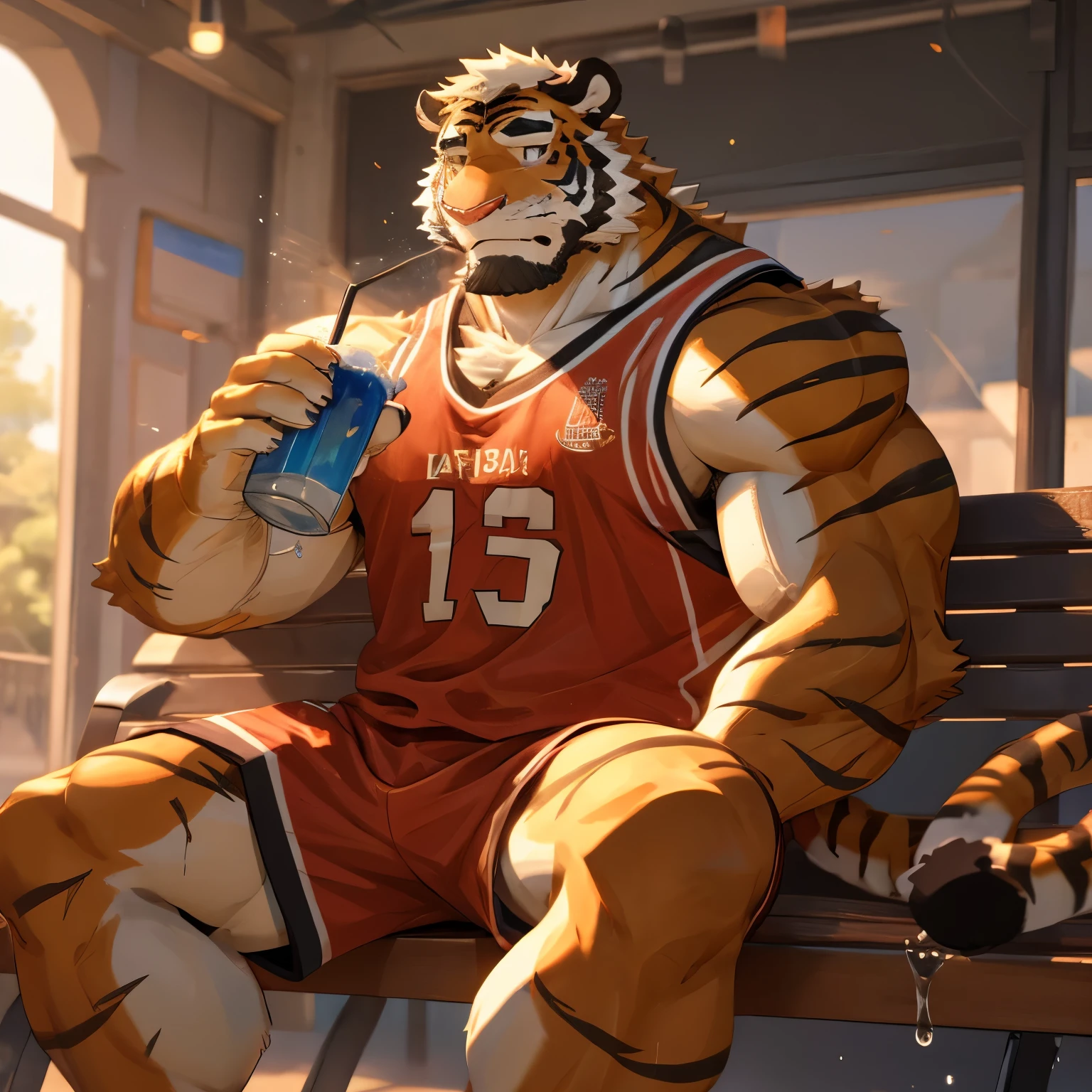 (masterpiece)，Very detailed，(best quality)，hairy，tiger，male，Handsome，strong muscles，Put on the jersey，After playing basketball, Sit on a bench and drink water，Noticed you looking at him while drinking water，8K，(high quality)