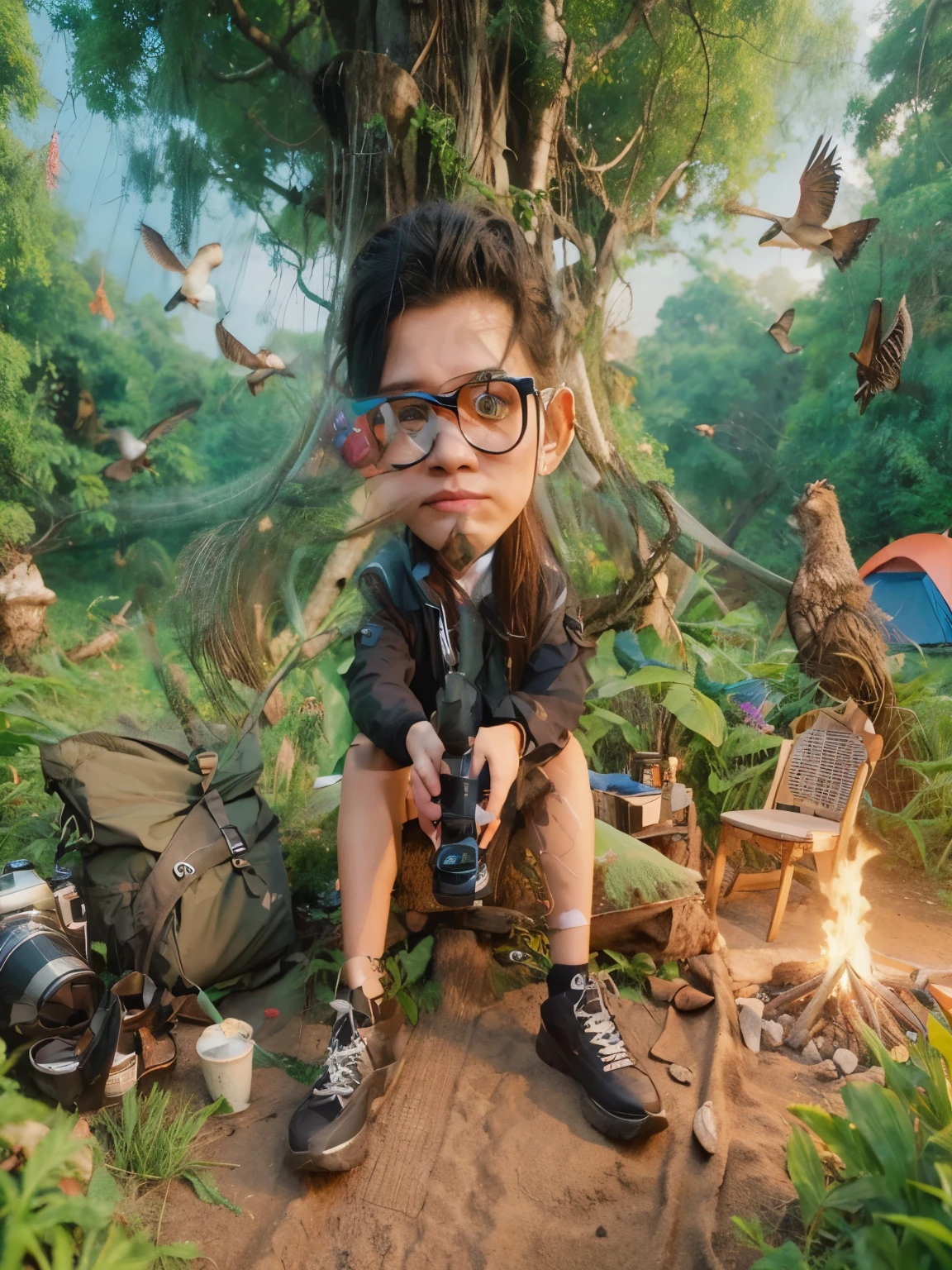 karikatur 3d, poto seorang pria indonesia, pakai kacamata, senyum, rambut pendek rapi, agak gemuk, berjaket hitam celana pendek, duduk sambil memegang kamera, camping ditengah hutan hujan dan ada pohon besar, dikelilingi banyak monyet dan burung, ditemani secangkir kopi, beserta api unggun dan alat camping lain nya,ultra hd, poto jelas