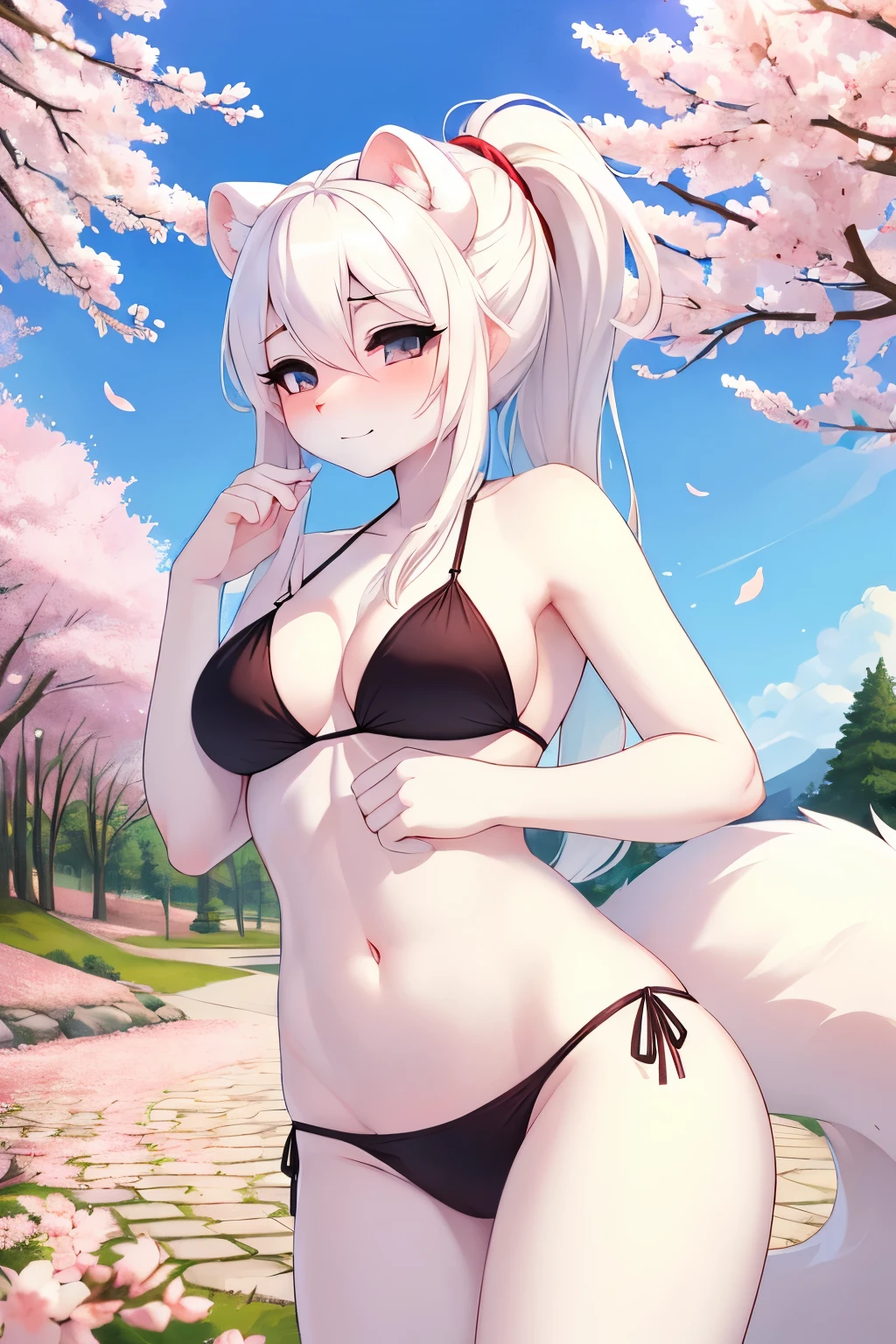 ((best quality, masterpiece, perfect anatomy, detailed picture)), furry, 1female, arctic ferret, sexy, long white hair, ponytail hair, grey eyes, black sclera, tail, pink bikini, red blushing, shy, in the cherry blossom trees,