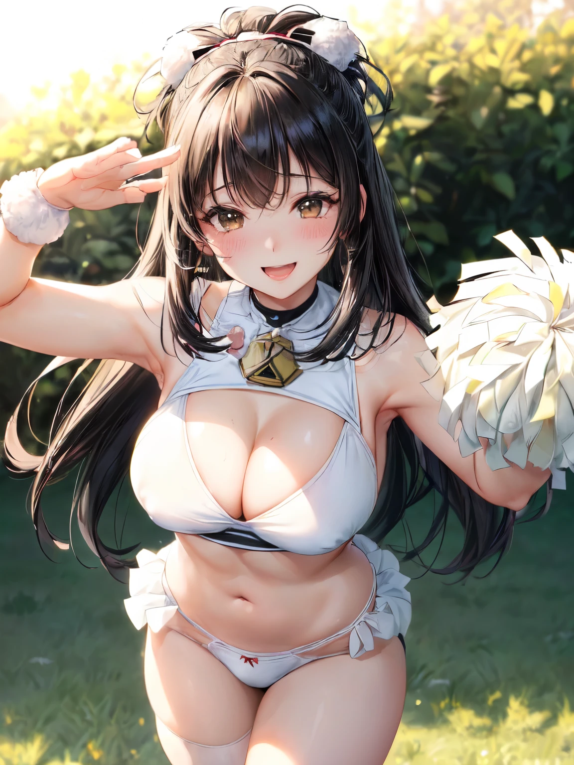 Limited to 1 female, (dynamic posing), Cheerleader (Stylish sex costume), mature woman, /(black hair/) bangs, blush and smile brightly, (Masterpiece of the highest quality:1.2) Delicate illustrations super detailed, big breasts(REAK with pom-poms /(court) Grass, outdoor, audience, (white レースパンティー with black edge:1.3), show off panties