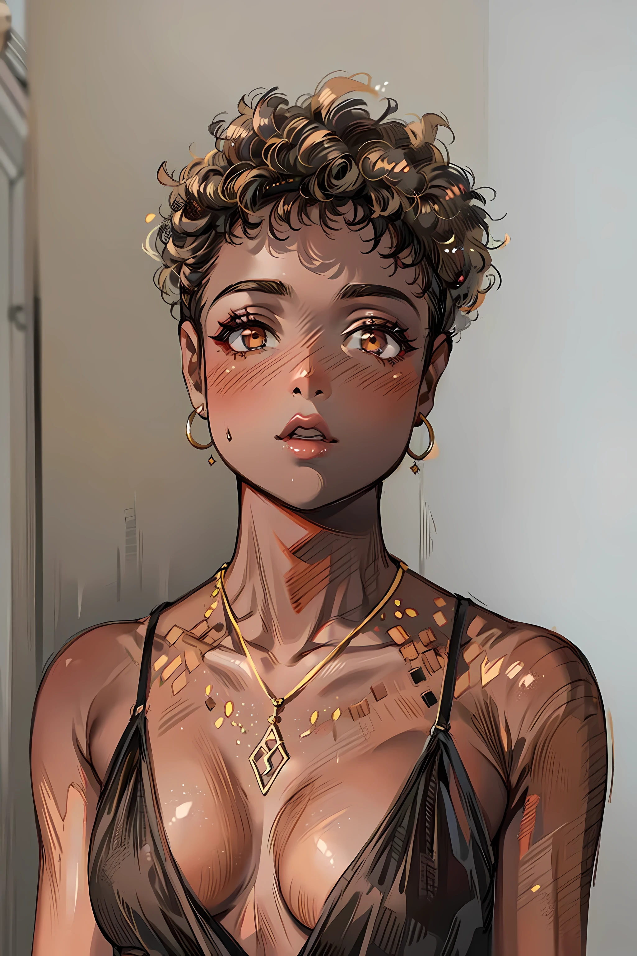 a woman with a brown top and a necklace on her neck, short blonde afro, young black woman, brown skinned, with brown skin, maria borges, brown skin. light makeup, light-brown skin, black young woman, natural short hair, photo of a black woman, she has olive brown skin, african american young woman, sexy girl with dark complexion