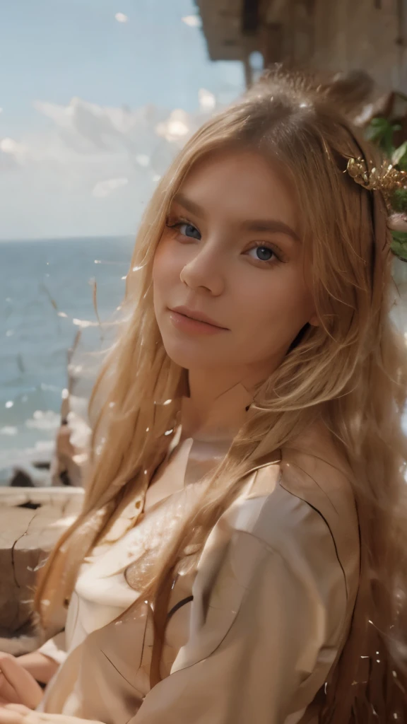 blonde with long hair sunbathing by the sea