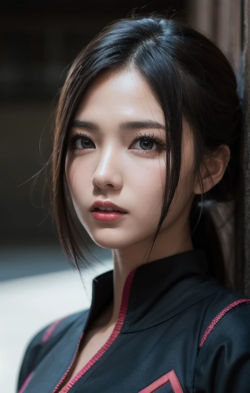 4k,highres,portrait,anime style,realistic face,detailed eyes,expressive emotions,fierce expression,windblown hair,orangel ninja outfit,action pose,hidden leaf village background,vivid colors,dynamic lighting
