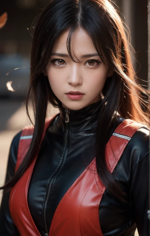 4k,highres,portrait,anime style,realistic face,detailed eyes,expressive emotions,fierce expression,windblown hair,orangel ninja outfit,action pose,hidden leaf village background,vivid colors,dynamic lighting