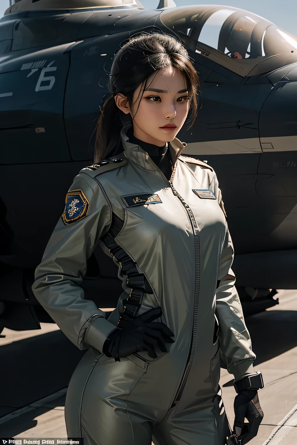 Eine asiatische Pilotin, dressed in a tight-fitting military uniform, steht vor einem F-16 Fighting Falcon vor einem belebten Hangar der Luftwaffe. Ihr pechschwarzes Haar, ordentlich zu einem Pferdeschwanz zusammengebunden, reveals it beautifully, sharp facial features. Intensive Entschlossenheit strahlt in ihrer Konzentration, dunkle Augen, as she looks intently at the majestic jet fighter. Her square face is characterized by high cheekbones and a strong jaw, with toned abdominal muscles and a slim physique, der durch die Uniform betont wird. Sunlight illuminates the metallic silver body of the F-16, looms large behind her, a symbol of power and precision. (Detaillierte und definierte Funktionen