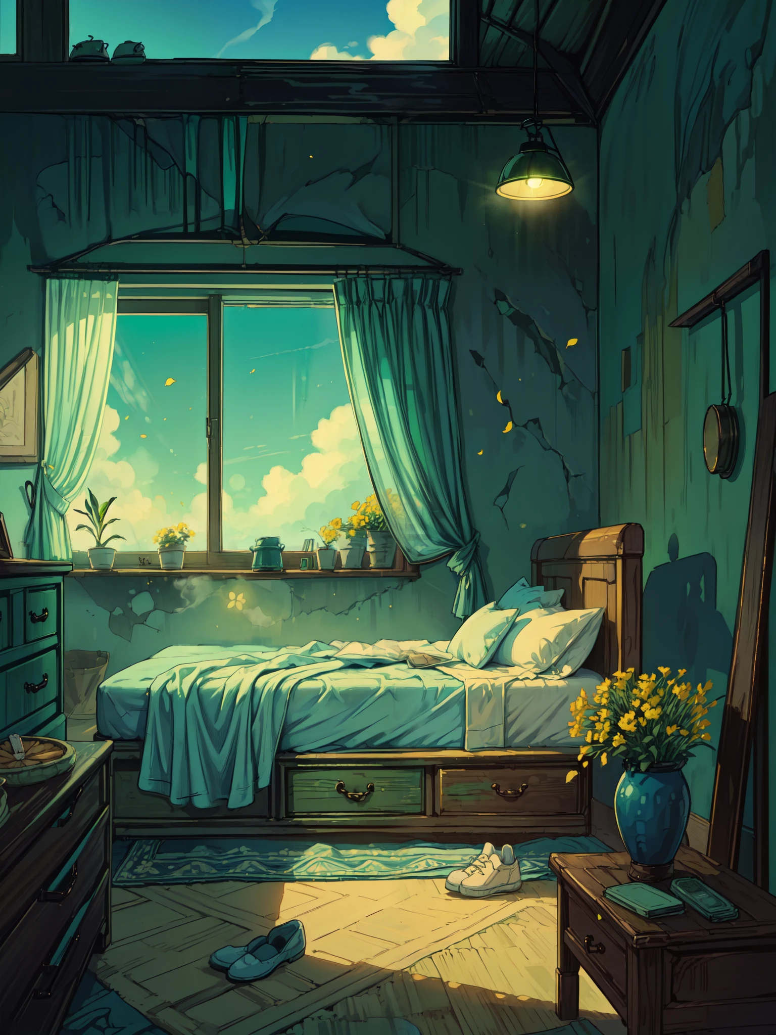 (masterpiece:1), (wide view:1.7),(inside view of a big bedroom :1.6), (wooden furniture:1.3), (plant pots with yellow flowers:1.5), (day time:1.5), silence, (bright sunlight falling on wall:1.5), (light green curtains:1.5), (soft glow of vibrant tones:1.4), (dust particles:1.5), magnificent sky, (volumetric light:1.2), peaceful, (king size bed:1.4), (aesthetically pleasing:1.5),(radio:1.3), (carpet:1.3), (shoe rack:1.5), (white drawer table:1.4), (beautiful aesthetics:1.2), (light green bedsheet:1.5), (vibrant blue sky visible from window:1.4) beautiful tones, subtle colors, peaceful, (illustration: 1.0), epic composition, realistic lighting, (no human:1.6), HD details, masterpiece, best quality, ,