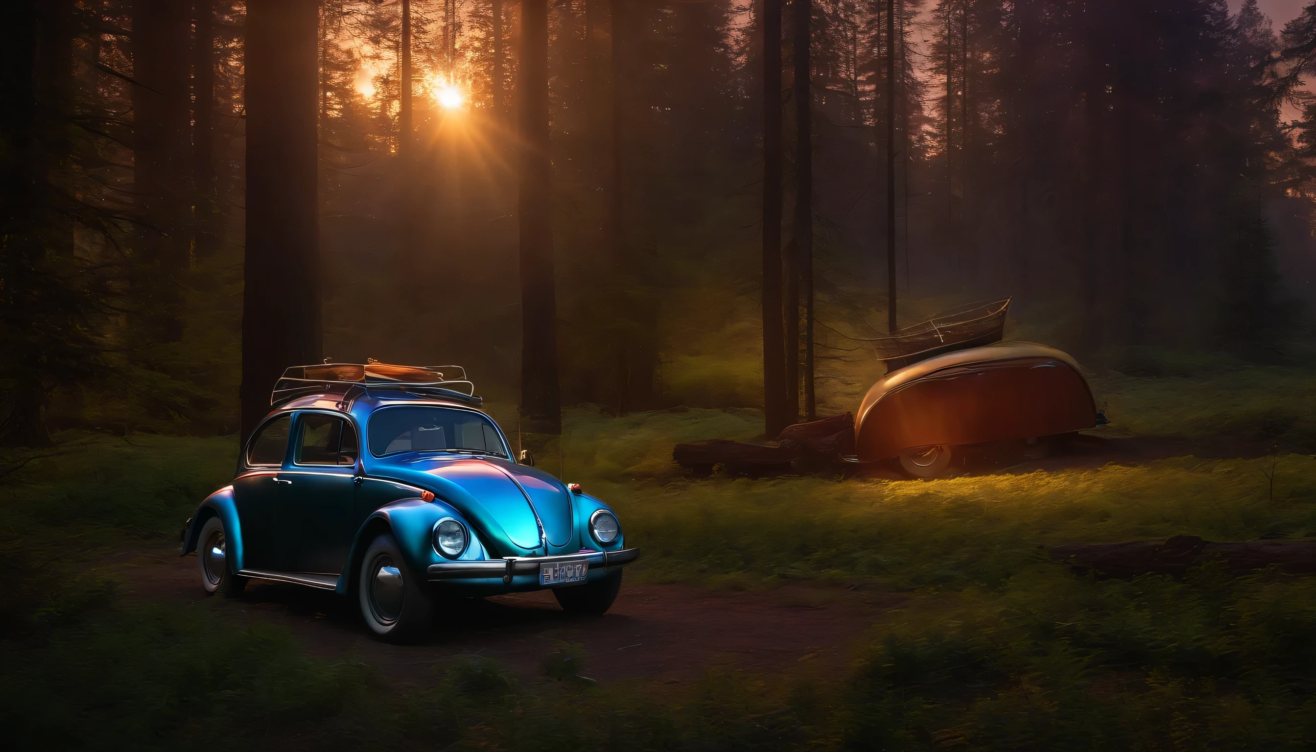 An old Beetle car coated with iridescent paint parked next to a mystic, glowing forest during the magical moments of twilight.