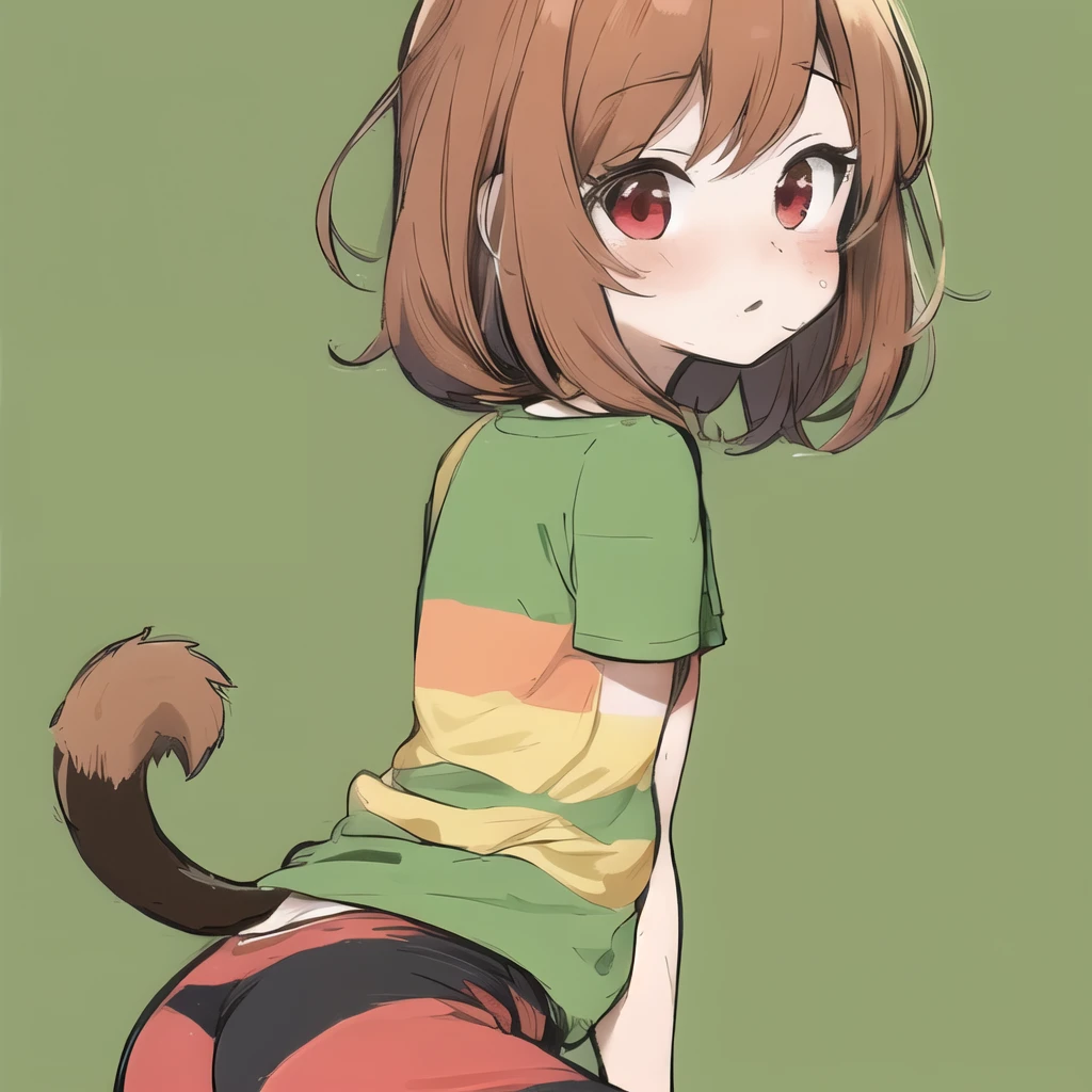 character under tail, brown hair, red eyes, striped green shirt, yellow line,girl,blush,