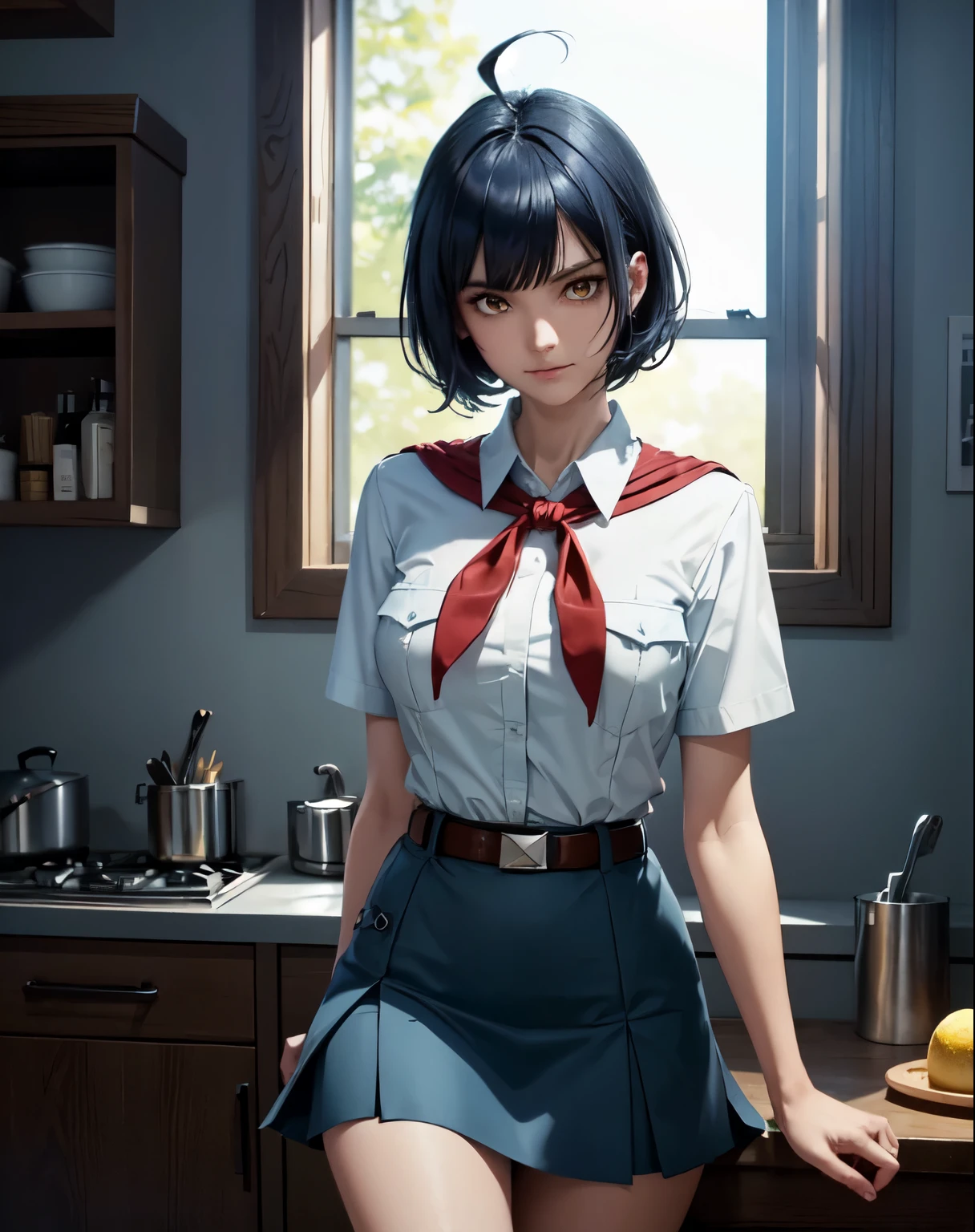 dark blue hair, short disheveled hair, huge ahoge, raised eyebrows, sparkling eyes, yellow eyes, evil smile, atmospheric perspective, anime style, cinematic lighting, glowing light, Wide-Angle, 8k, best quality, masterpiece, high details, high quality, slim and fit young girl, perfect medium breast, slim waist, pioneer neckerchief, blue skirt, bangs, white shirt, short sleeves, collared shirt, belt, eyelashes, red neckerchief, breast pocket