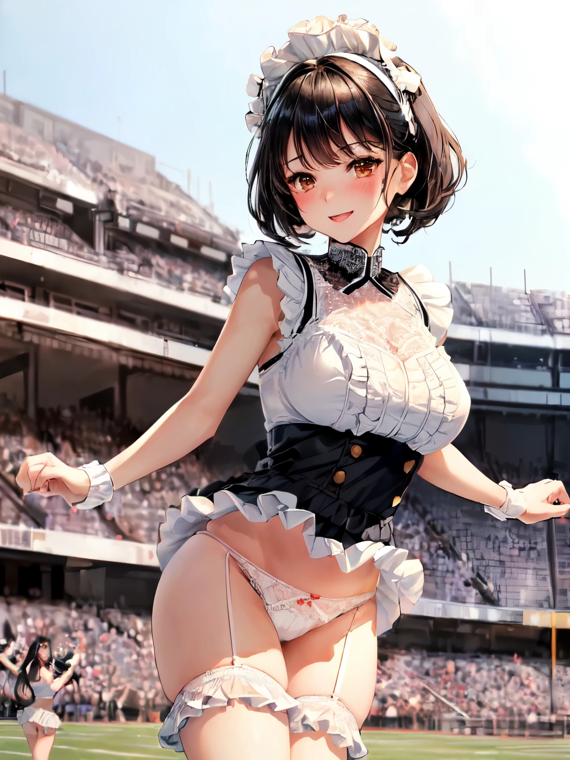 Limited to 1 female, (dynamic posing), Cheerleader (Stylish uniform style costume), mature woman, /(black hair/) bangs, blush and smile brightly, (Masterpiece of the highest quality:1.2) Delicate illustrations super detailed, big breasts(REAK with pom-poms /(court) Grass, outdoor, audience, (white lace panties with black little ruffles:1.3), show off panties