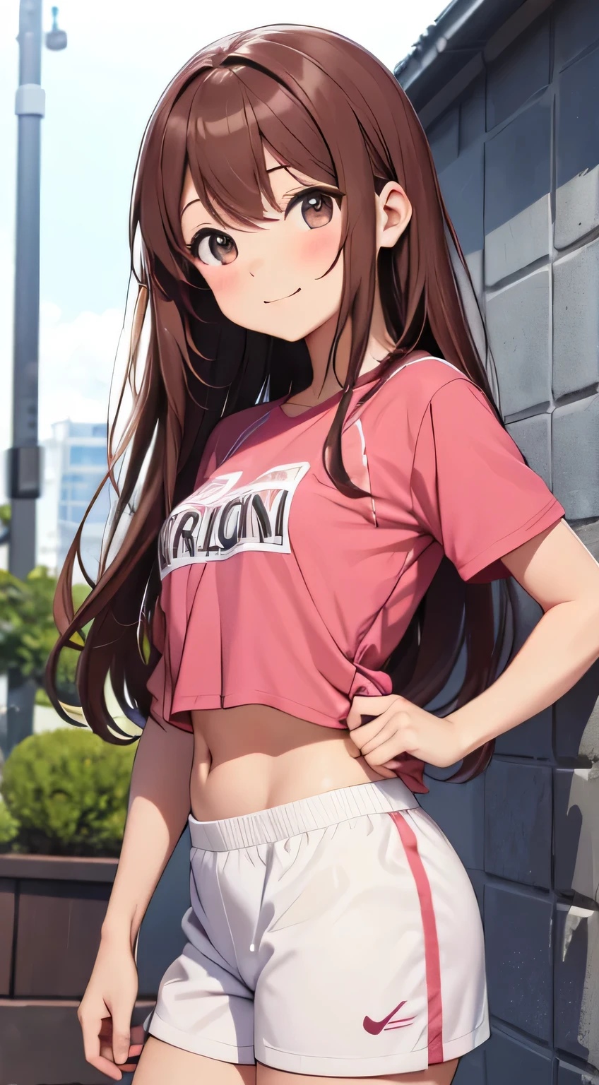 best quality, Riko Sakunauchi, 1fille seulement, ******, sourire, rougit, yeux marrons, cheveux longs marron, huge breast, sueur, transpiration, fille cours dehors, soutien gorge de sport blanc, short de sport rouge, sueur sur tout le corps, jupe de sport, jupe relever, culotte rose