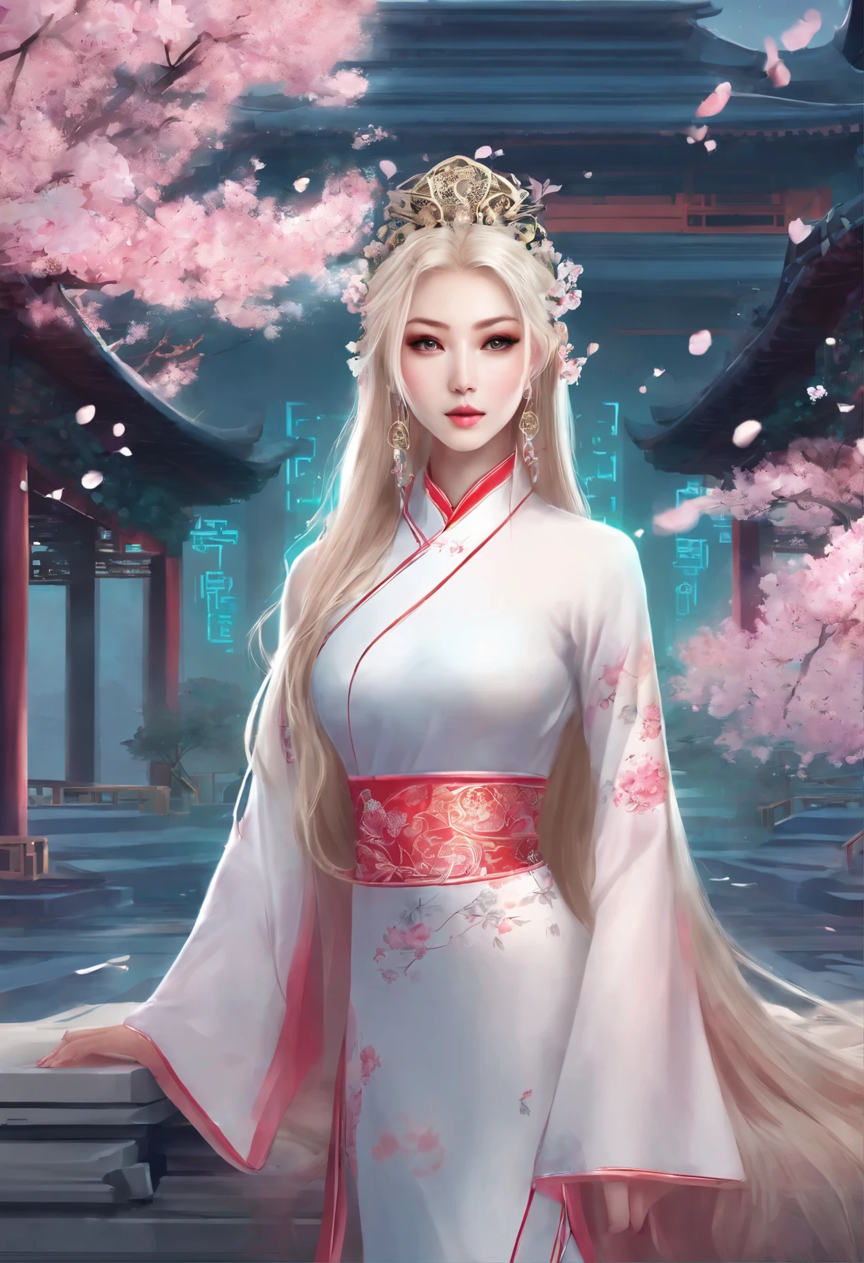 fantasy, portrait, Asia, European appearance, beautiful girl, delicate face, long pale blonde hair, blue eyes, in a beautiful Chinese Qipao dress, emphasizing the figure in light colors, expressive breasts, cherry blossoms in the background, jade palace, hd